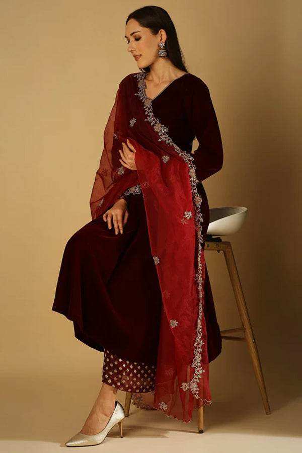 Zareen-Long kurta & palazzo with dupatta - Maroon - Monk & Mei