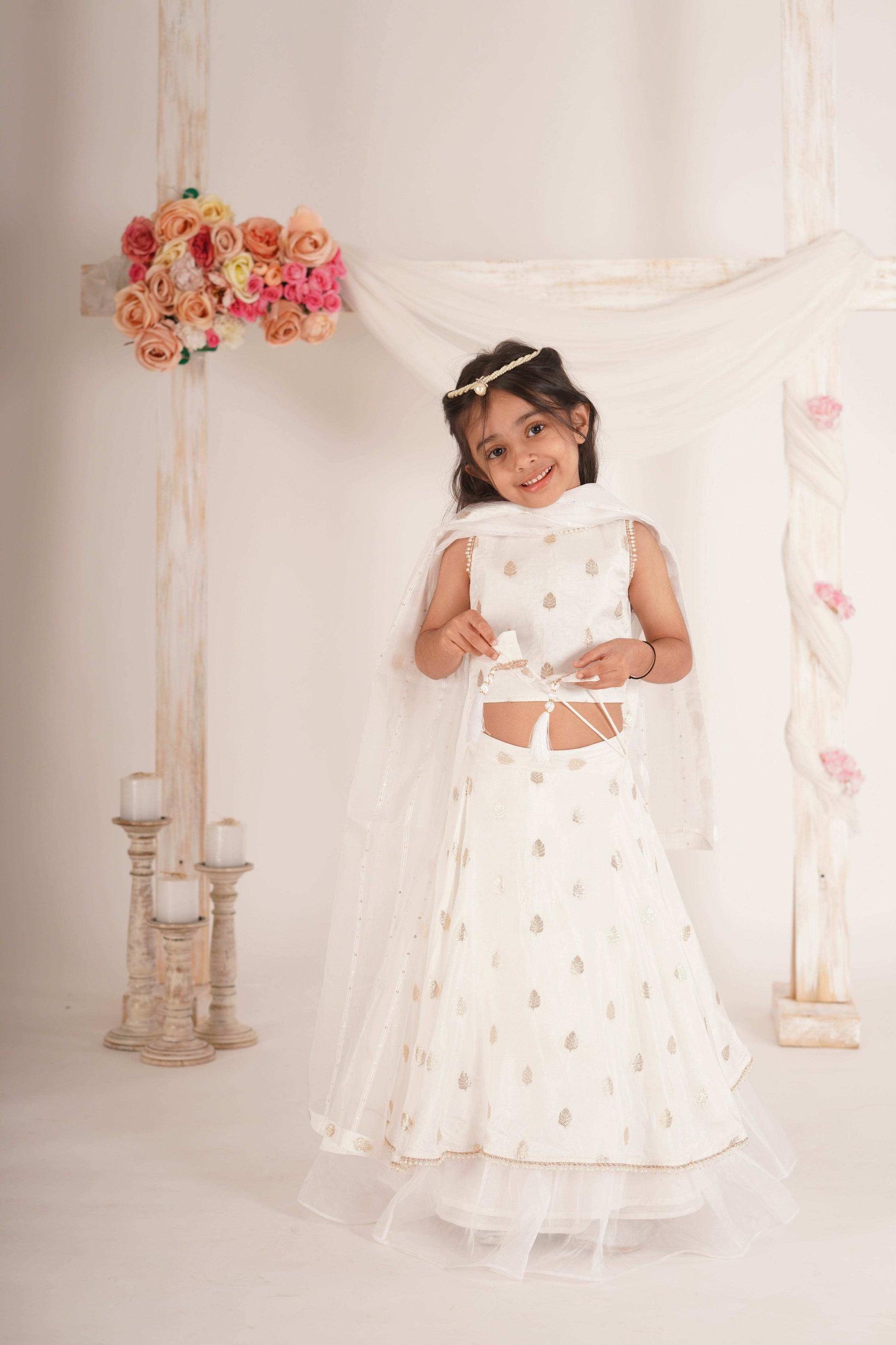 Eden- Blouse, Lehenga and Dupatta Set-White and Rose Gold - Monk & Mei