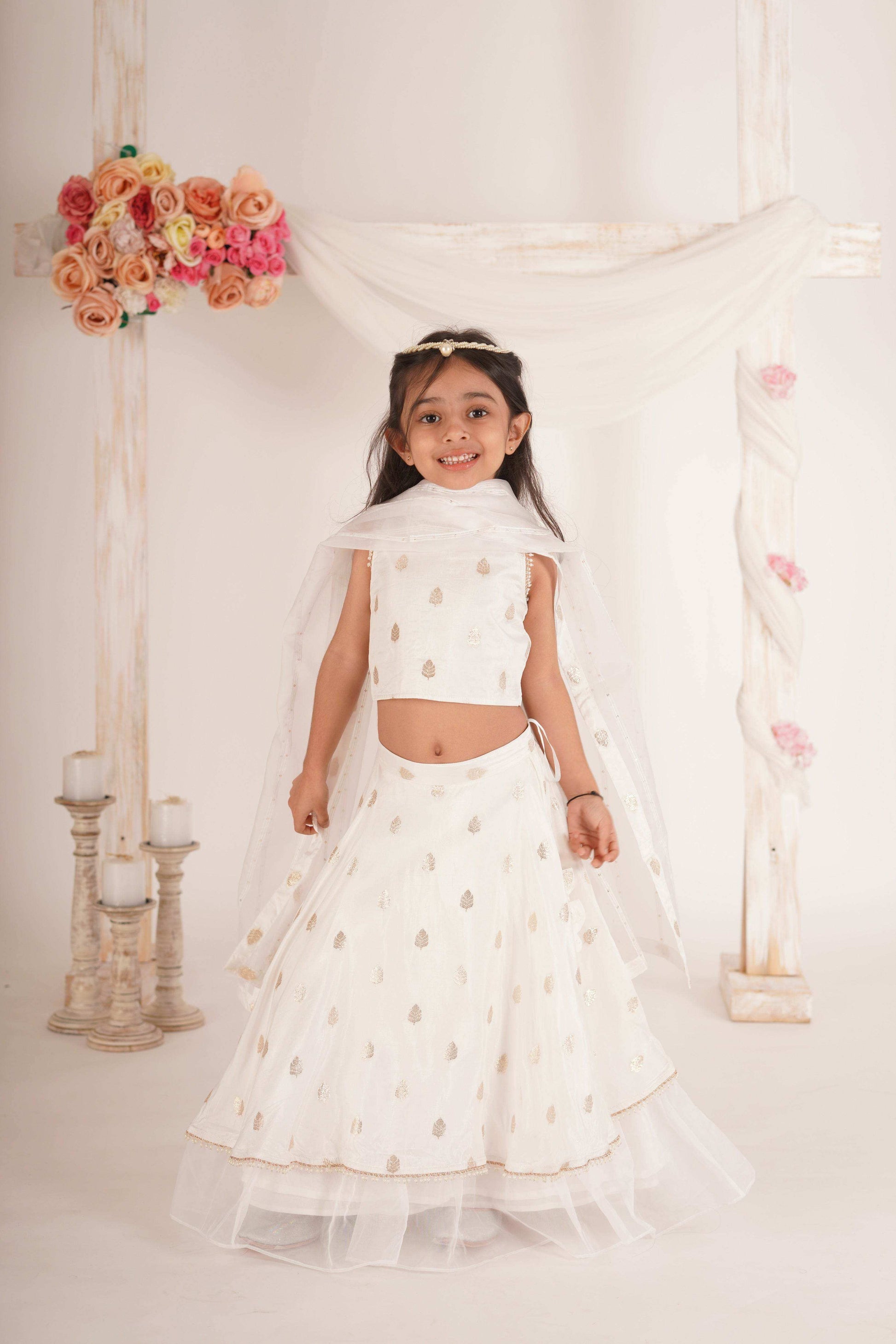 Eden- Blouse, Lehenga and Dupatta Set-White and Rose Gold - Monk & Mei