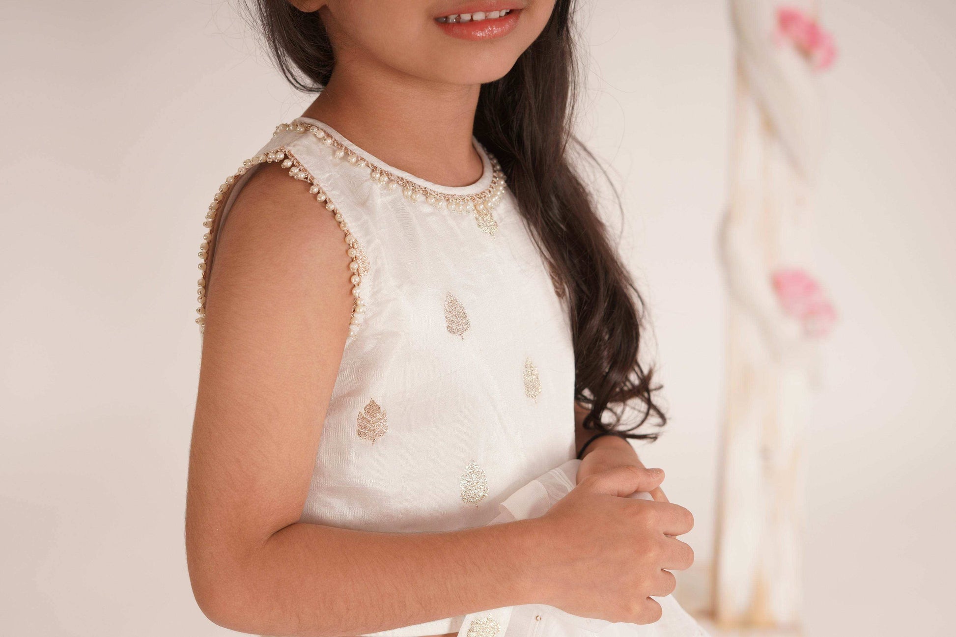 Eden- Blouse, Lehenga and Dupatta Set-White and Rose Gold - Monk & Mei