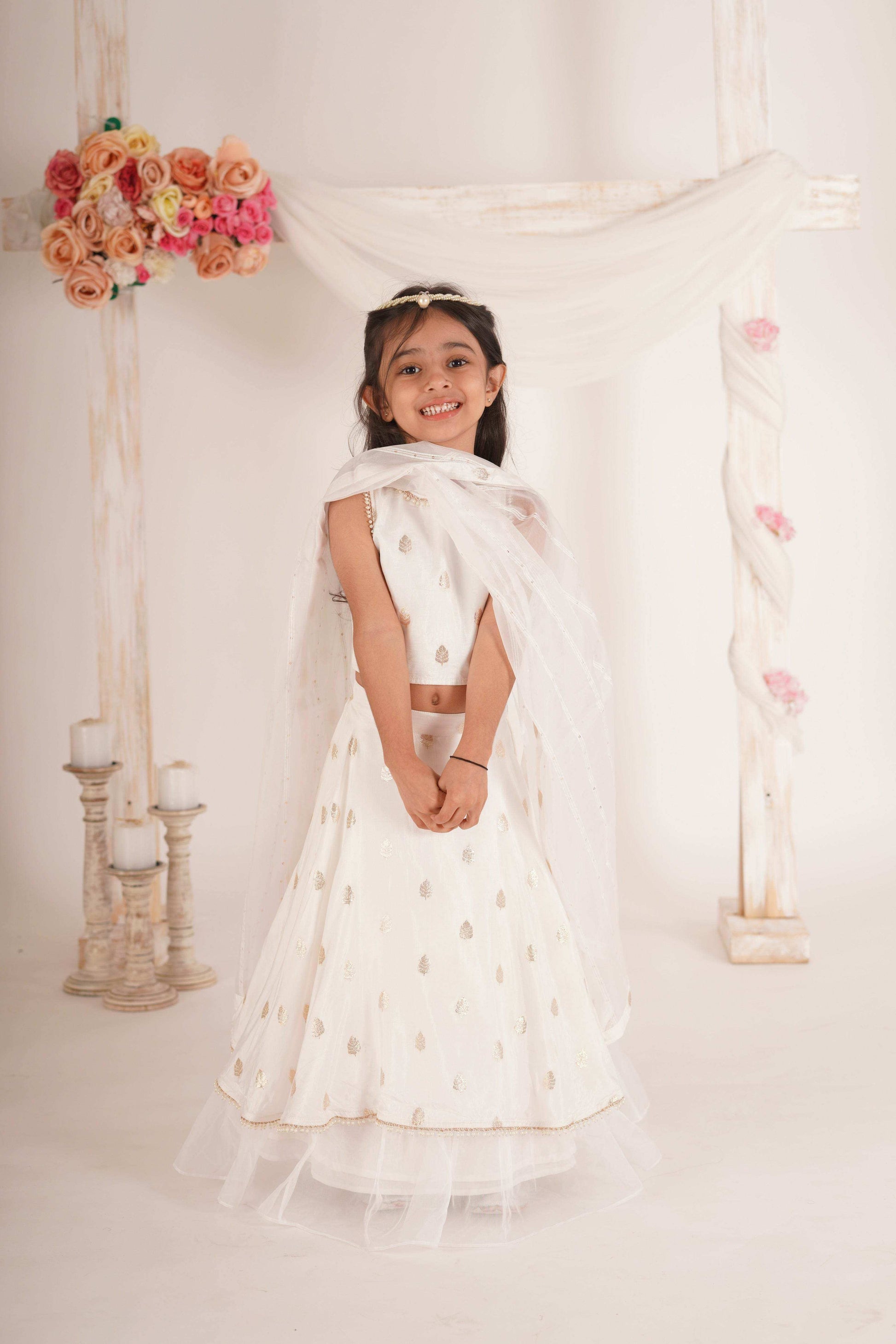 Eden- Blouse, Lehenga and Dupatta Set-White and Rose Gold - Monk & Mei