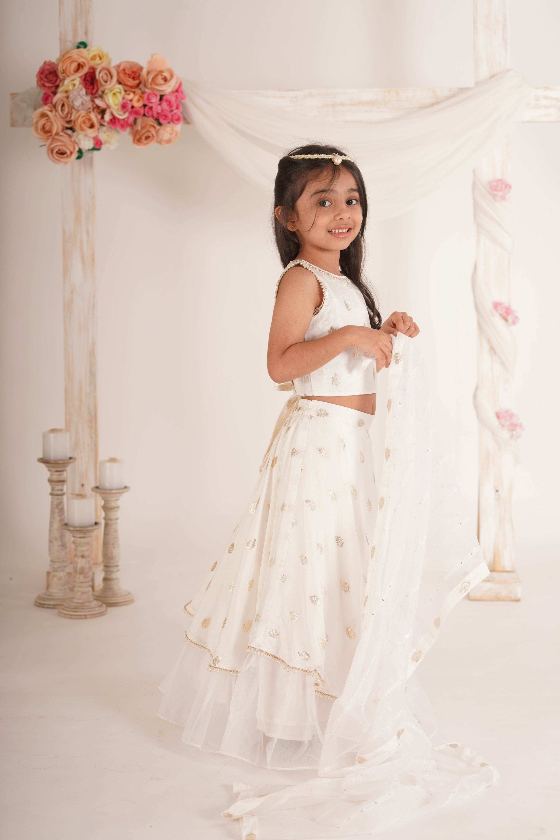 Eden- Blouse, Lehenga and Dupatta Set-White and Rose Gold - Monk & Mei