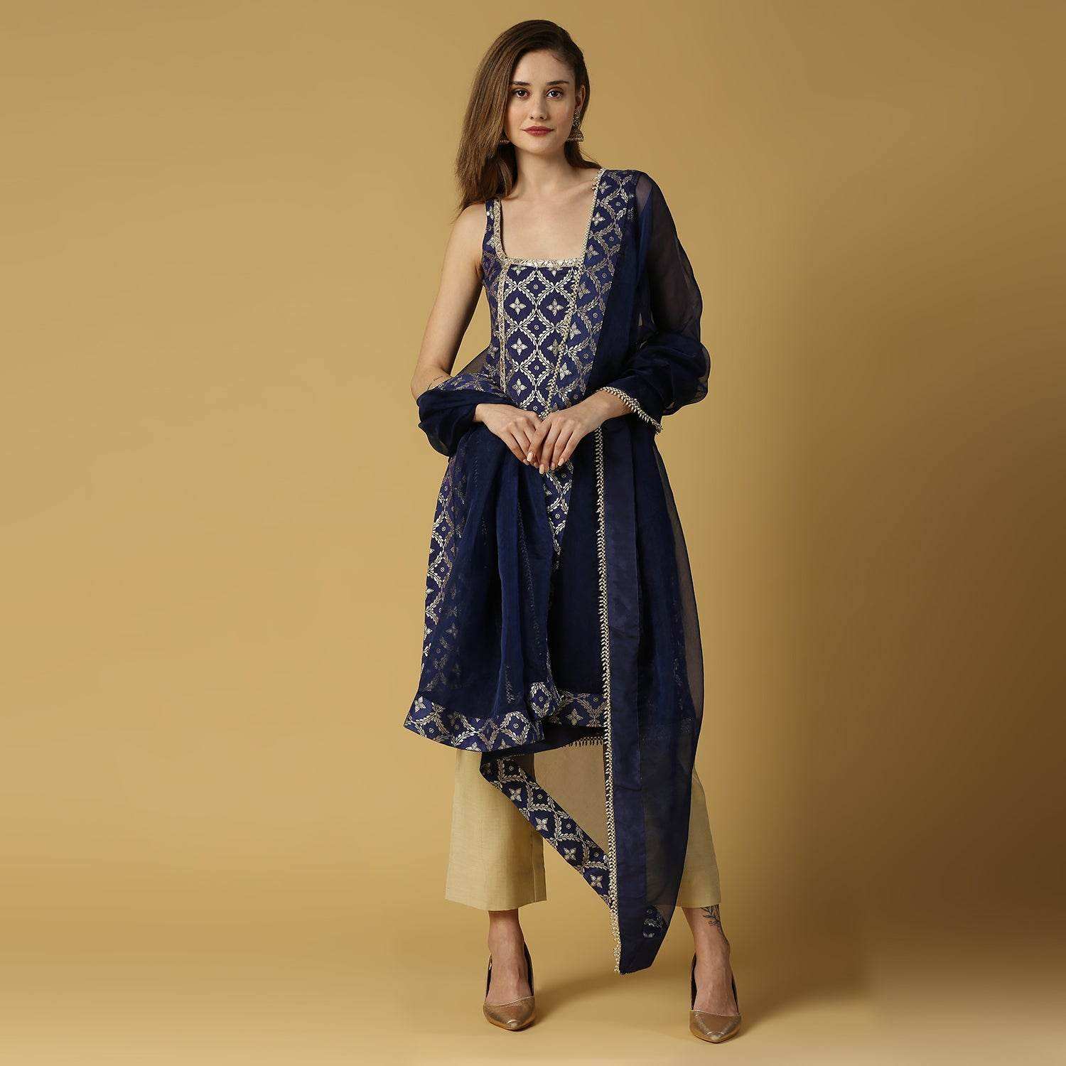 Radha-Sleeveless Kurta Set-Deep Blue - Monk & Mei