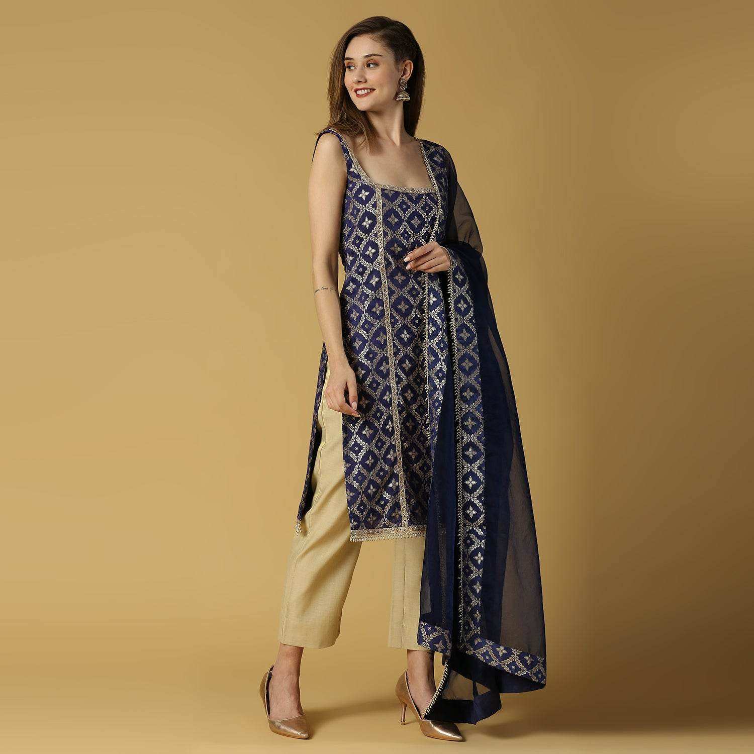 Radha-Sleeveless Kurta Set-Deep Blue - Monk & Mei