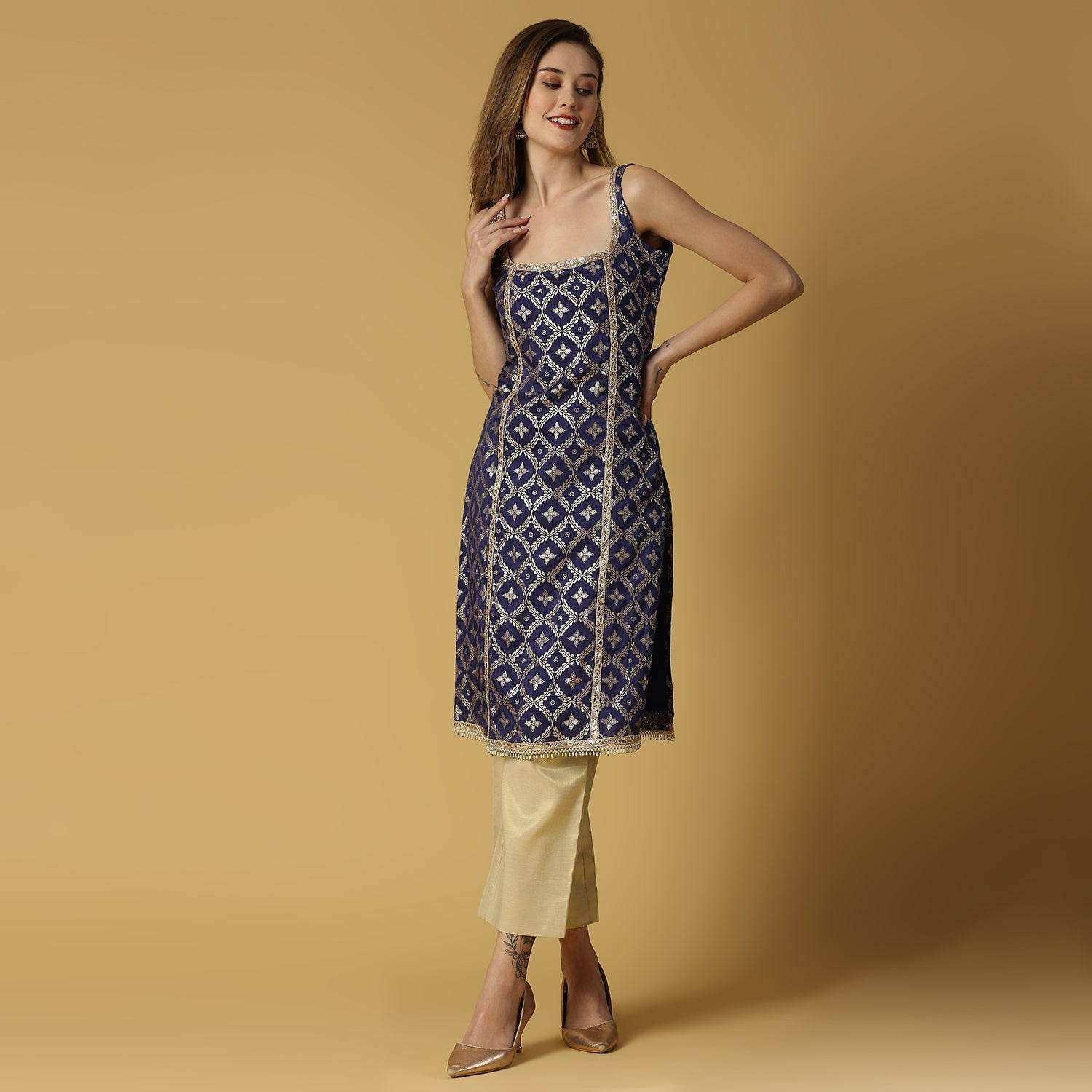 Radha-Sleeveless Kurta Set-Deep Blue - Monk & Mei