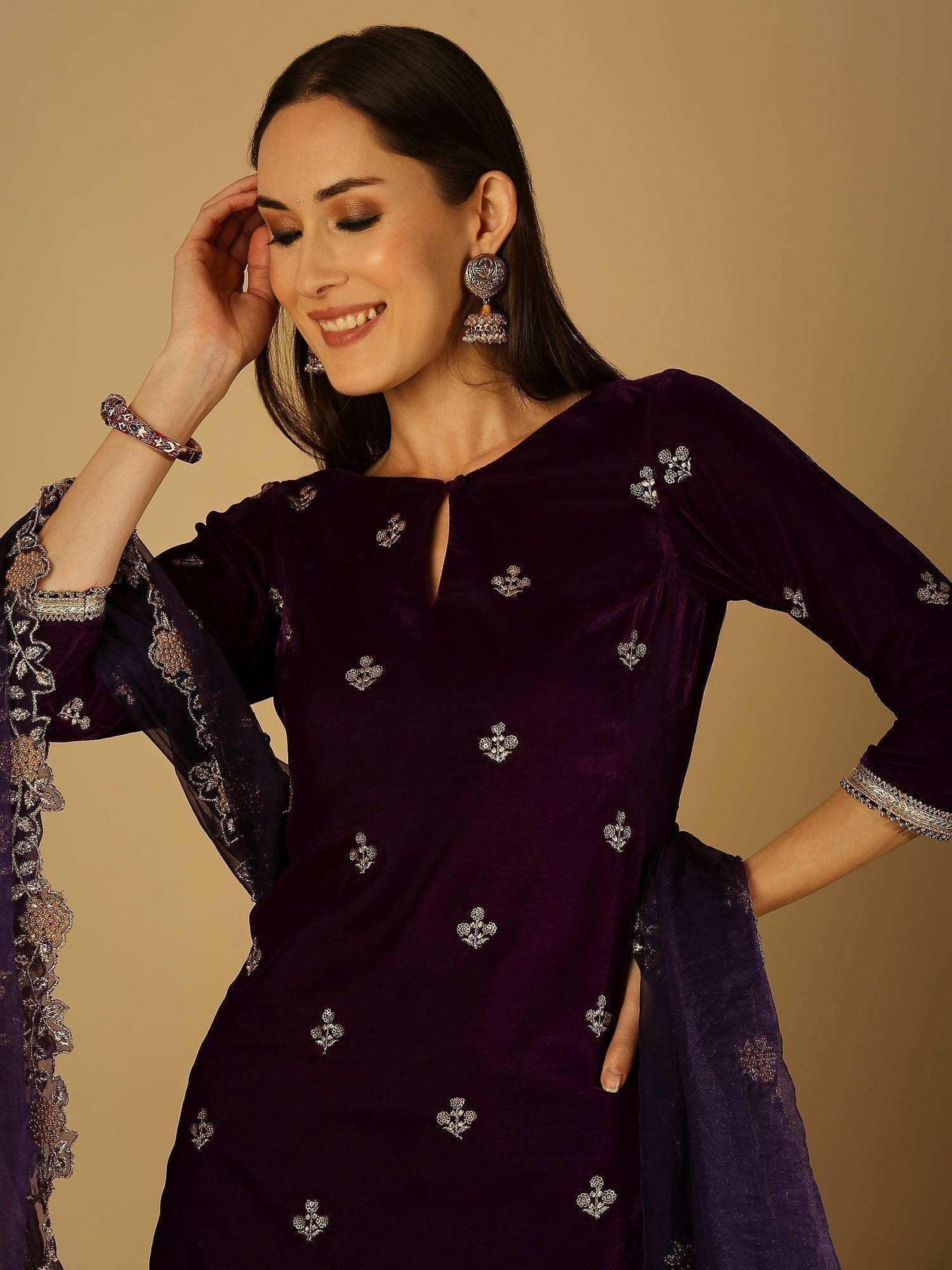 Ruhani-Kurta Palazzo Set with dupatta - Violet - Monk & Mei