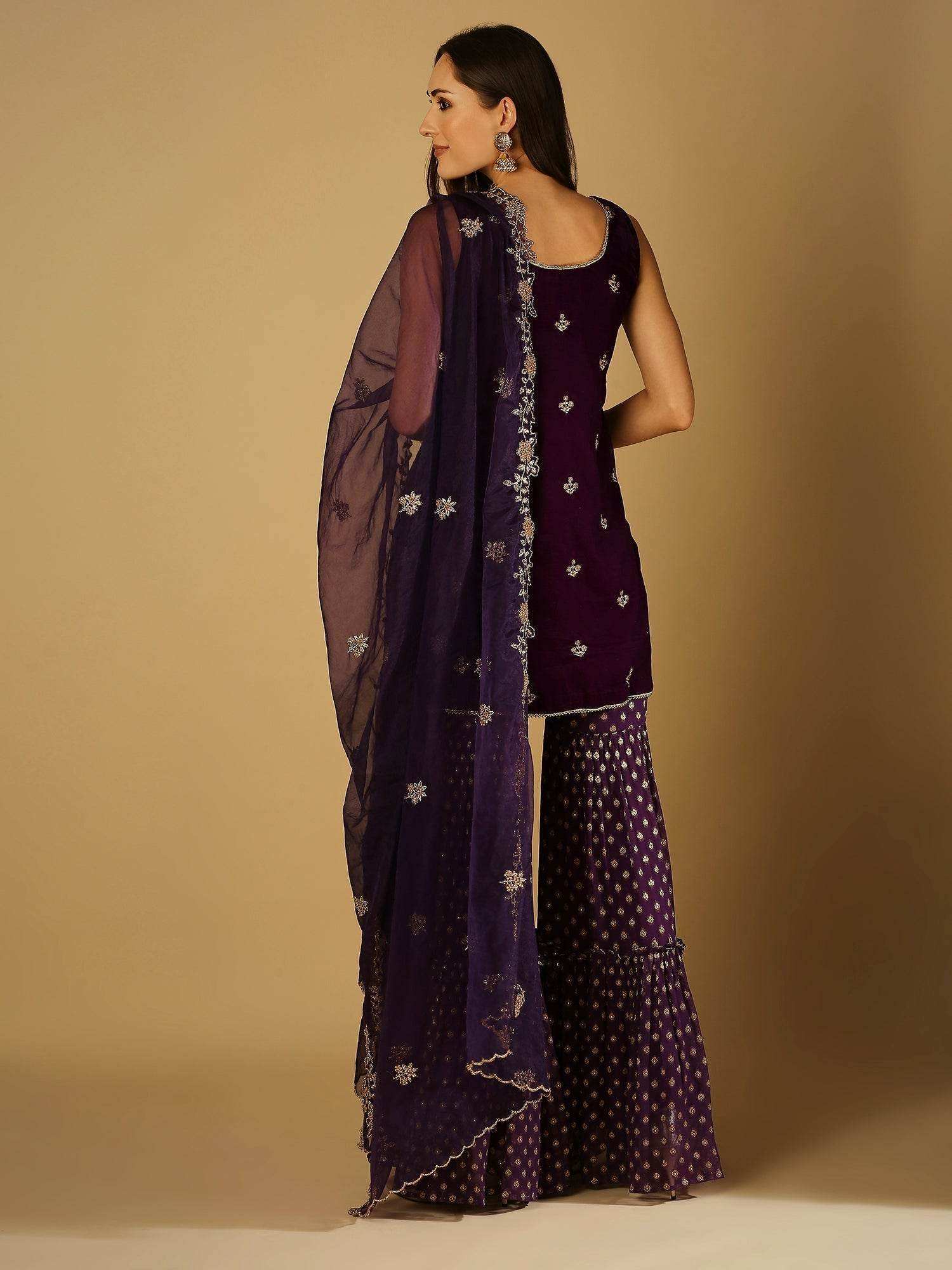 Cyra-Short kurta & sharara with dupatta - Purple - Monk & Mei