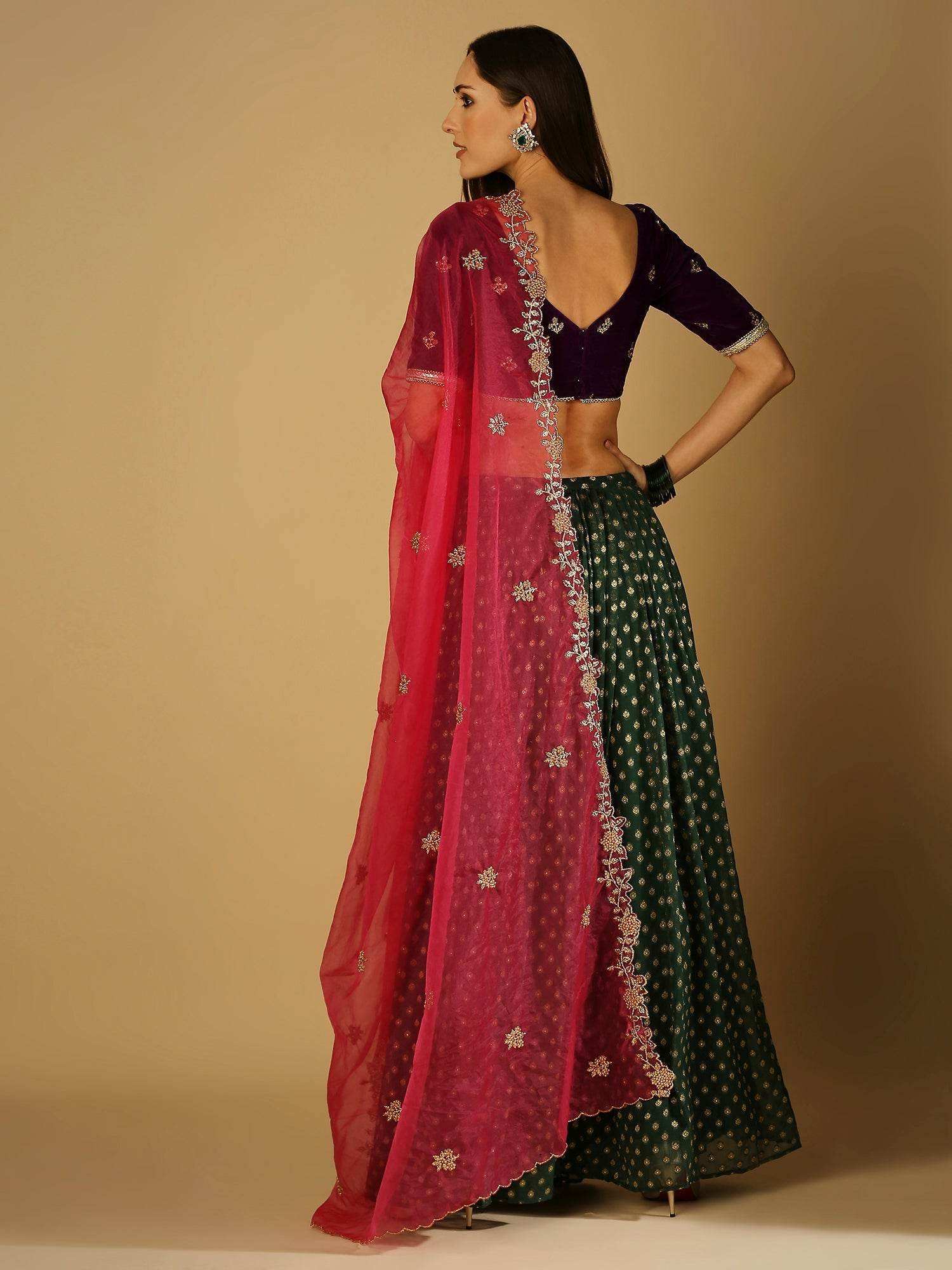 Roza-Lehenga Blouse Dupatta Set - Voilet blouse- Green lehanga - Monk & Mei