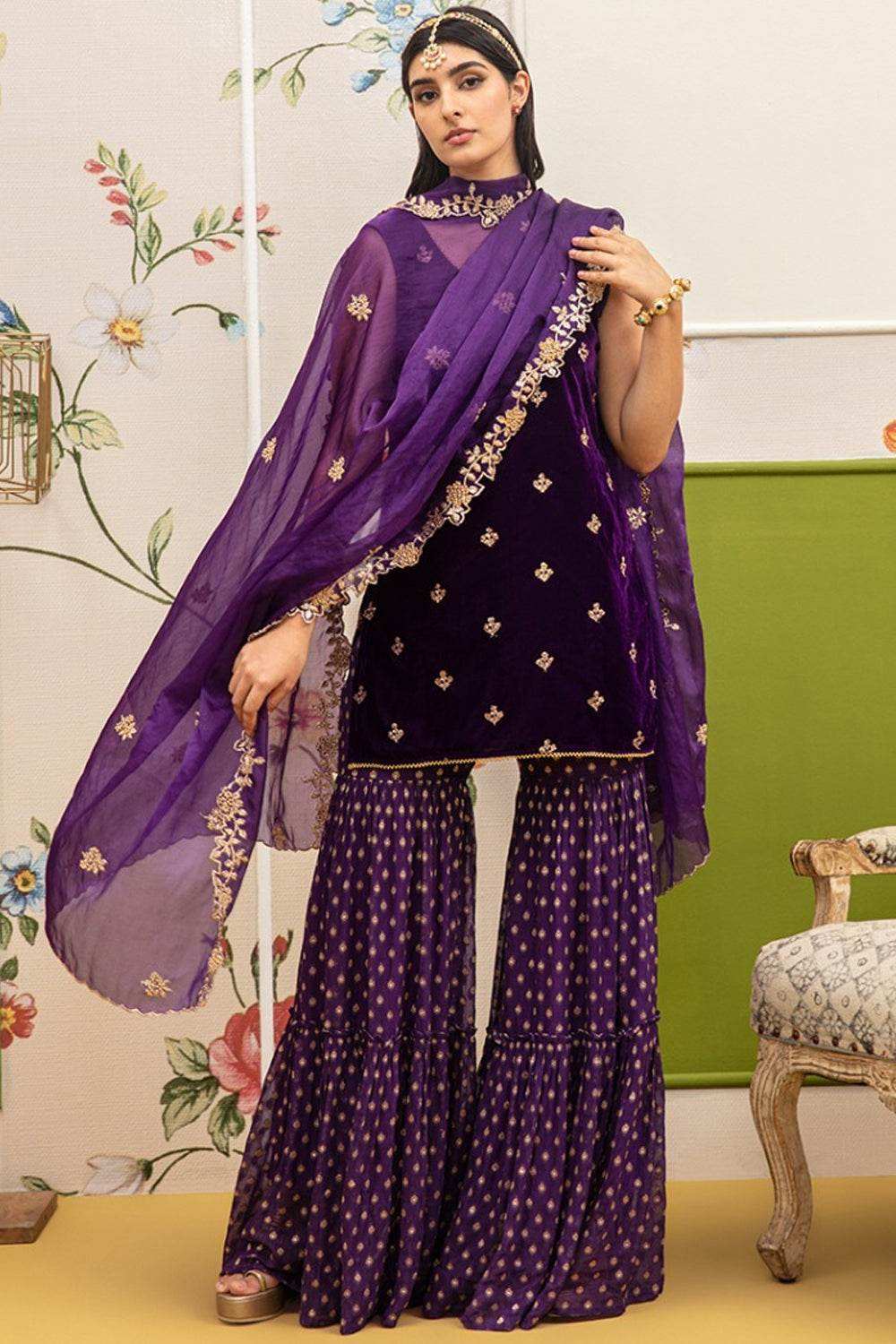 Cyra-Short kurta & sharara with dupatta - Purple - Monk & Mei