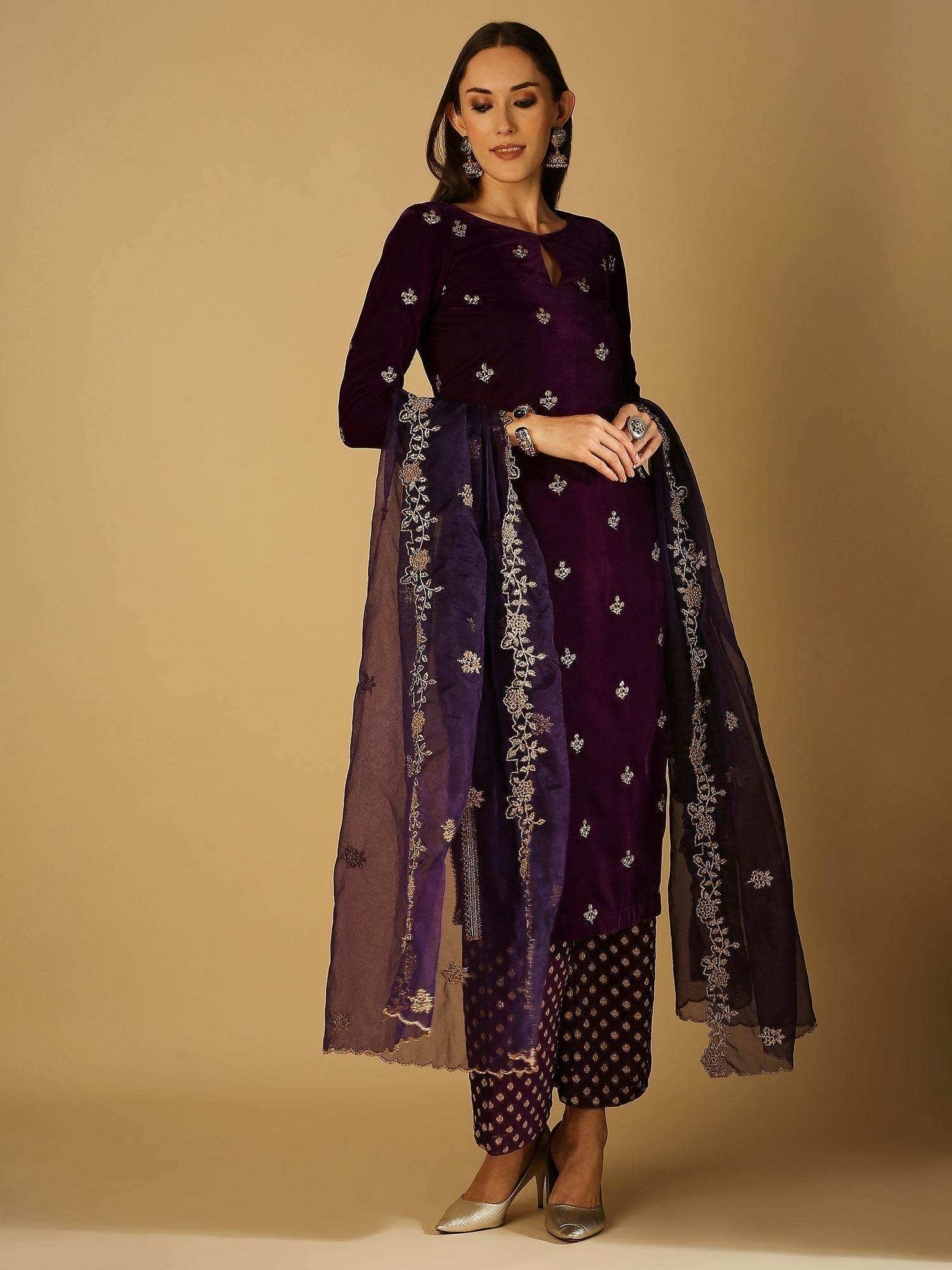 Ruhani-Kurta Palazzo Set with dupatta - Violet - Monk & Mei