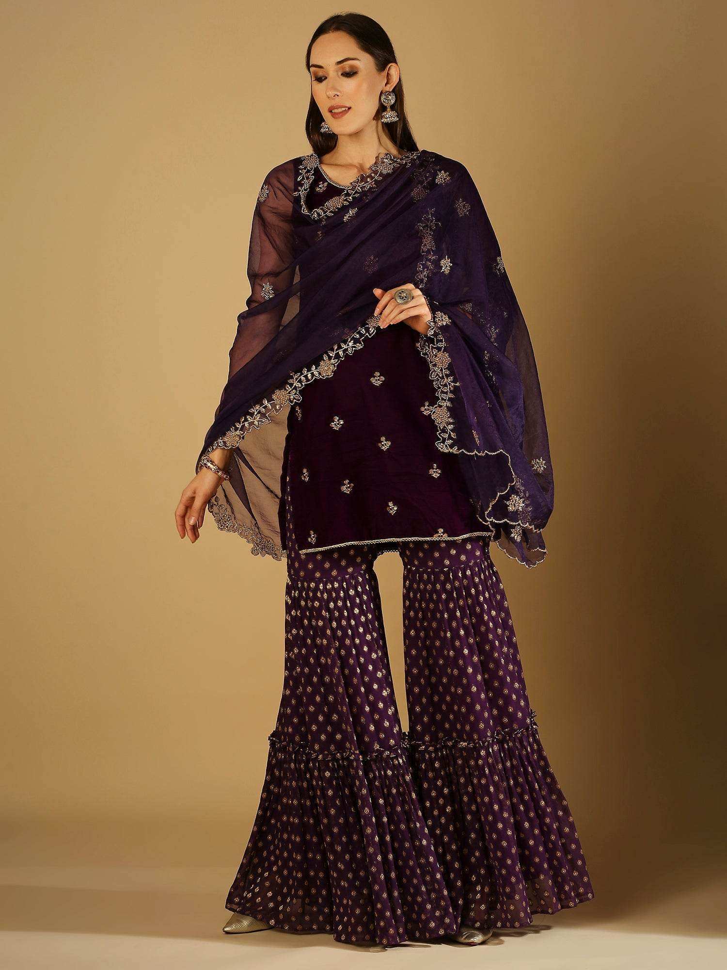 Cyra-Short kurta & sharara with dupatta - Purple - Monk & Mei