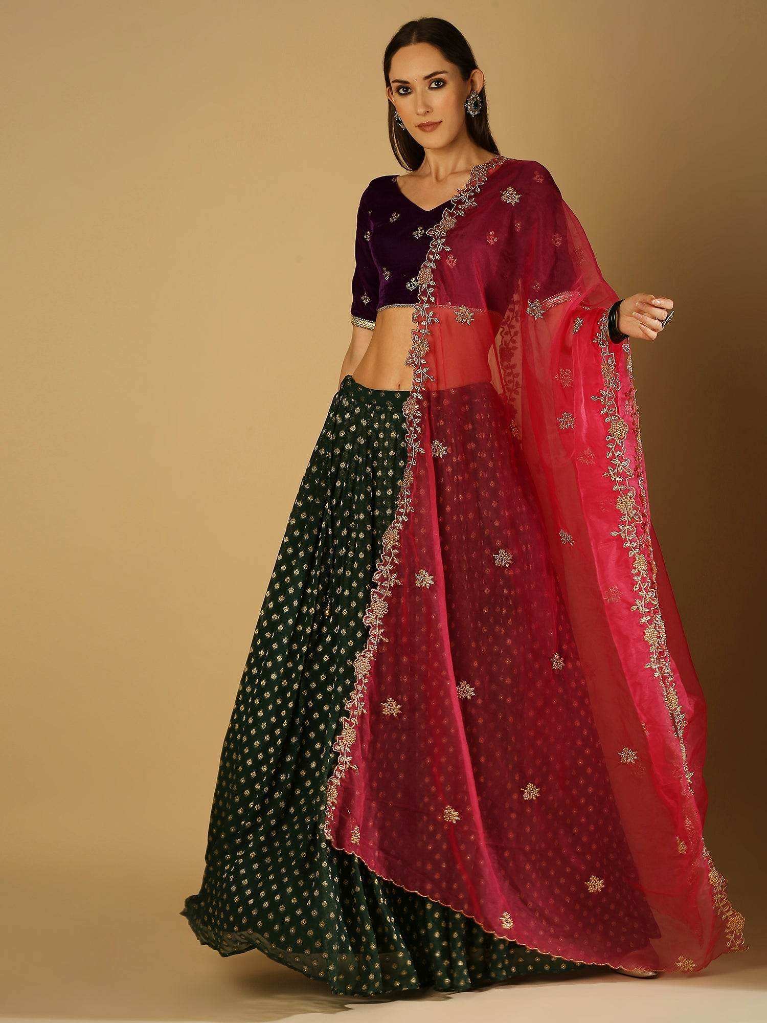 Roza-Lehenga Blouse Dupatta Set - Voilet blouse- Green lehanga - Monk & Mei