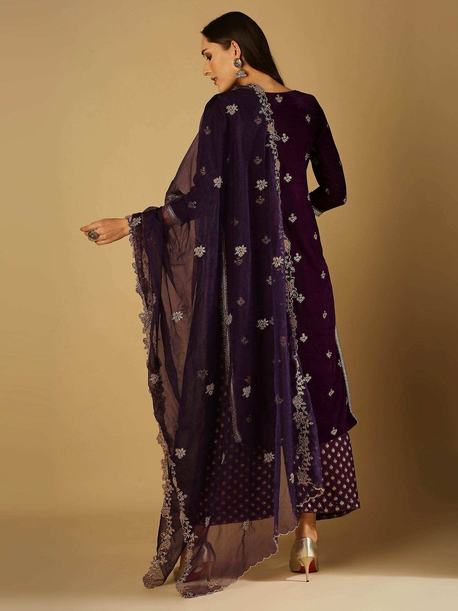 Ruhani-Kurta Palazzo Set with dupatta - Violet - Monk & Mei