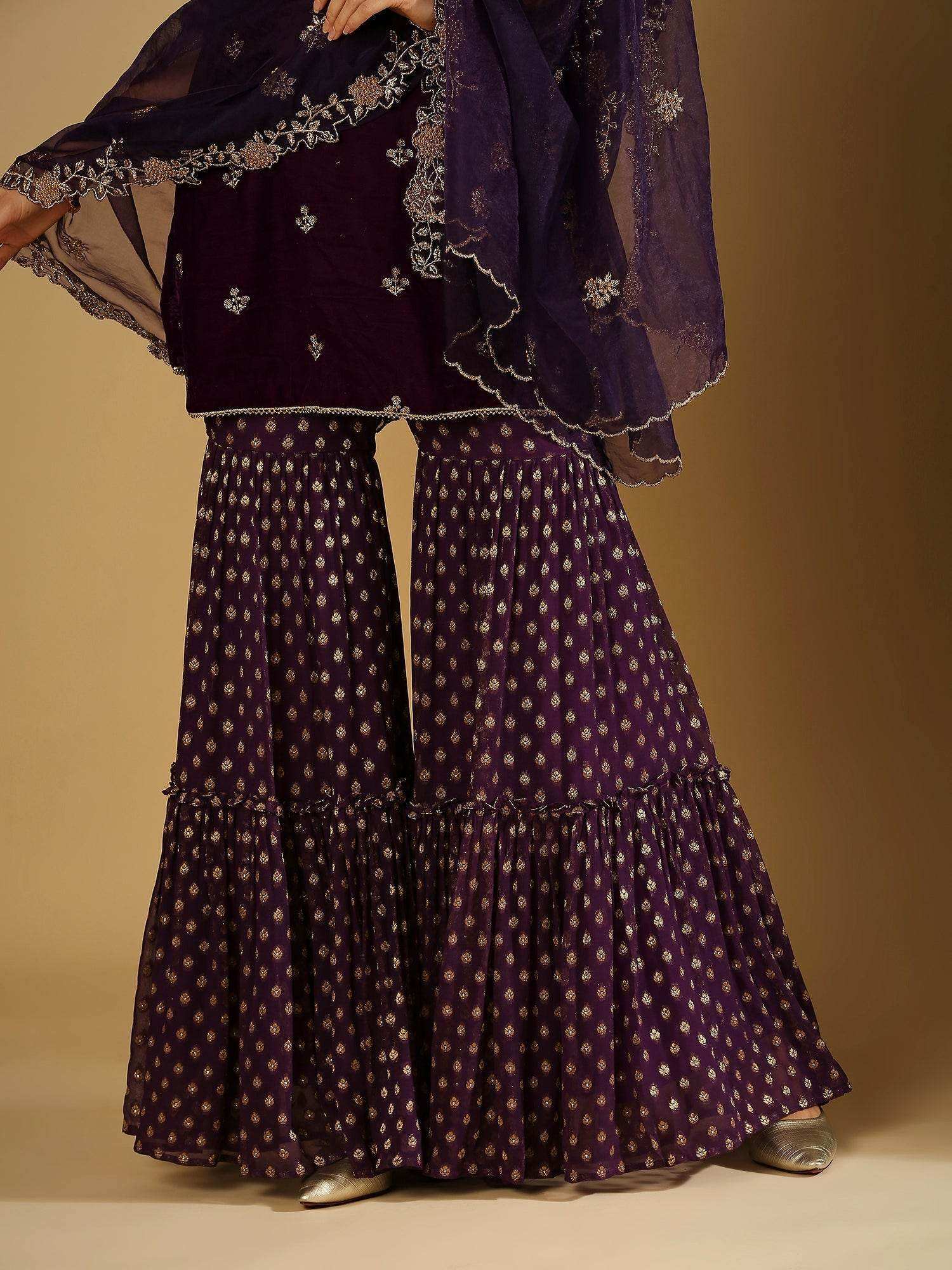 Cyra-Short kurta & sharara with dupatta - Purple - Monk & Mei