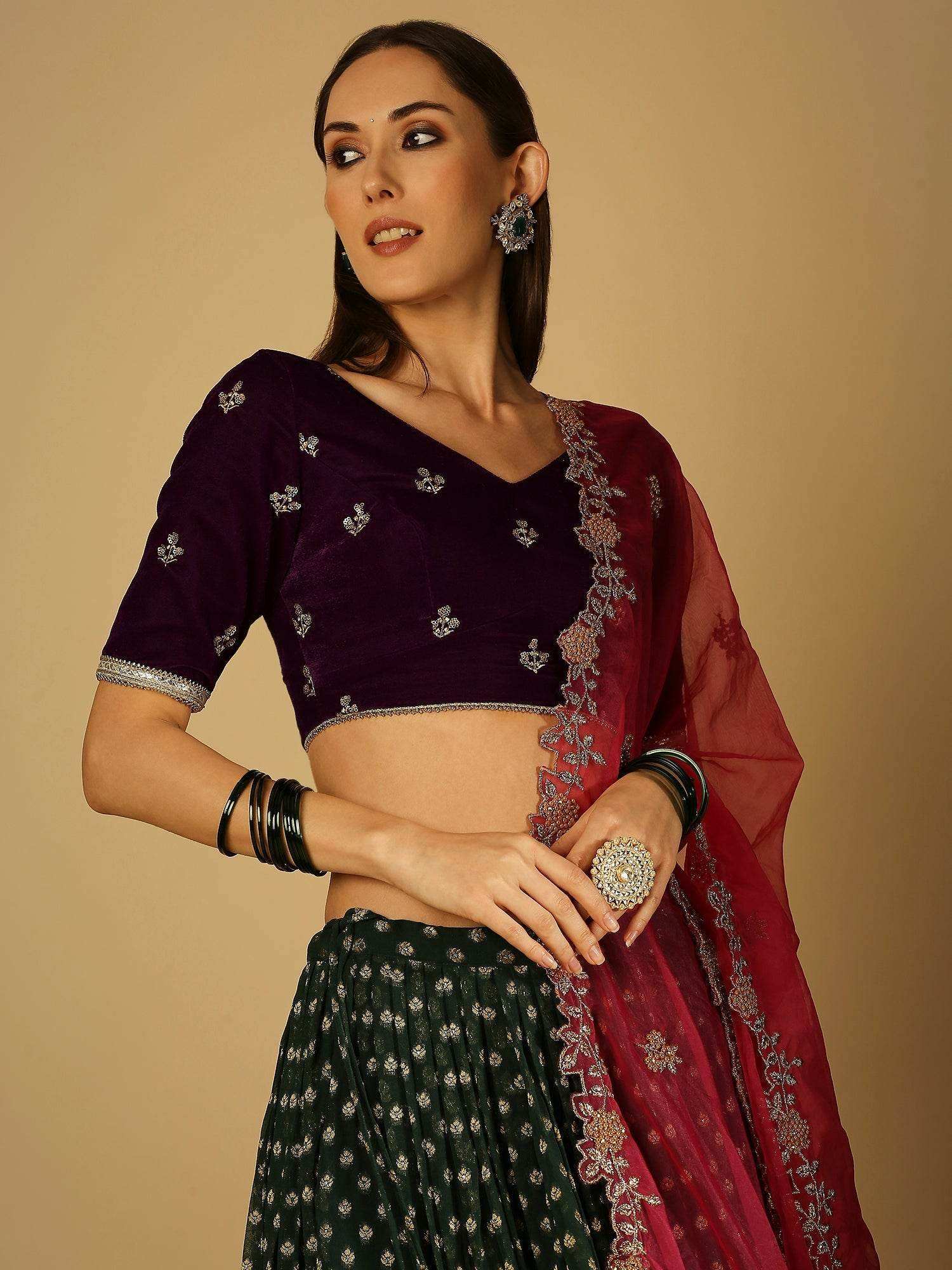 Roza-Lehenga Blouse Dupatta Set - Voilet blouse- Green lehanga - Monk & Mei