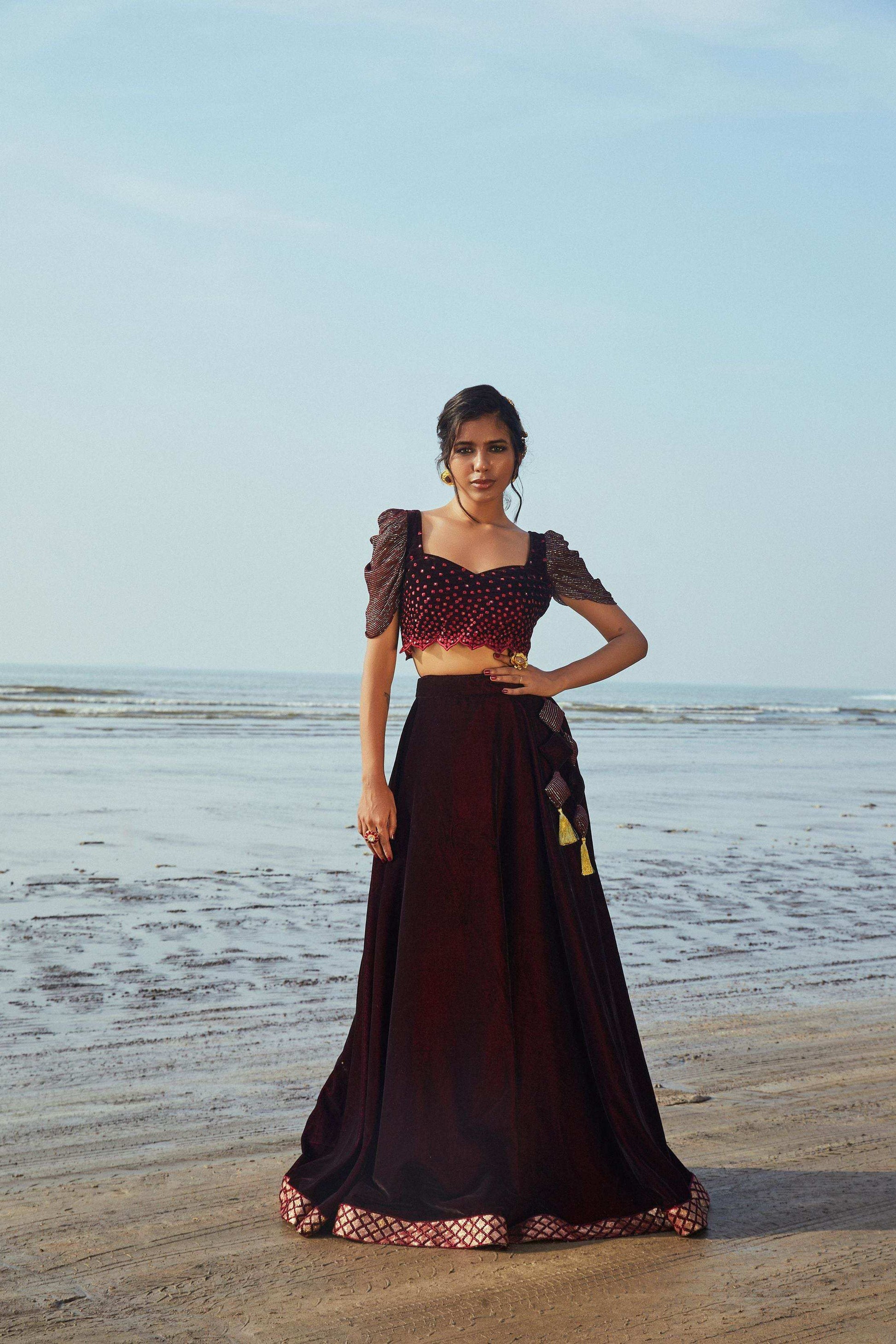 Victoria Blouse, Lehenga & Dupatta- Wine - Monk & Mei