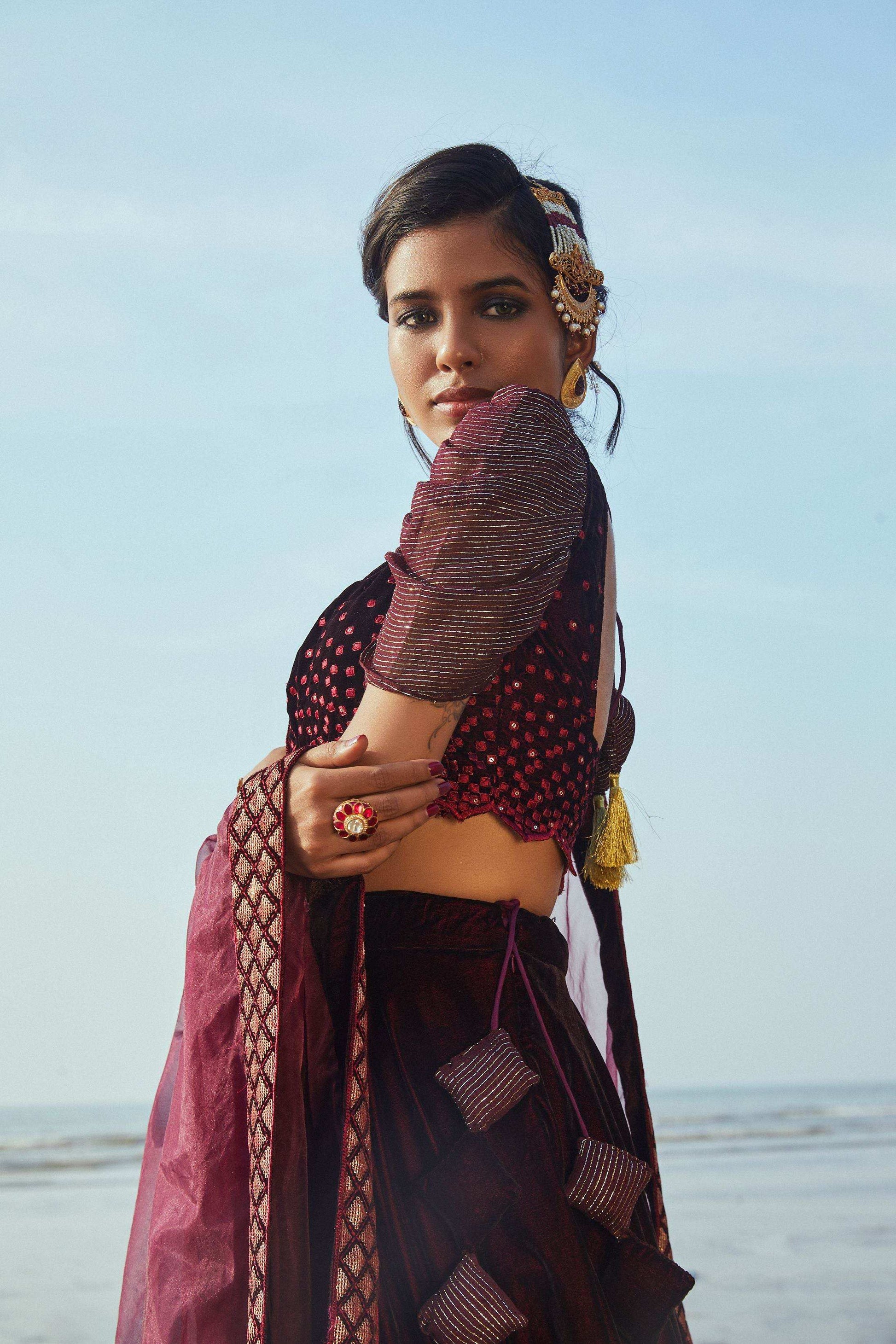 Victoria Blouse, Lehenga & Dupatta- Wine - Monk & Mei