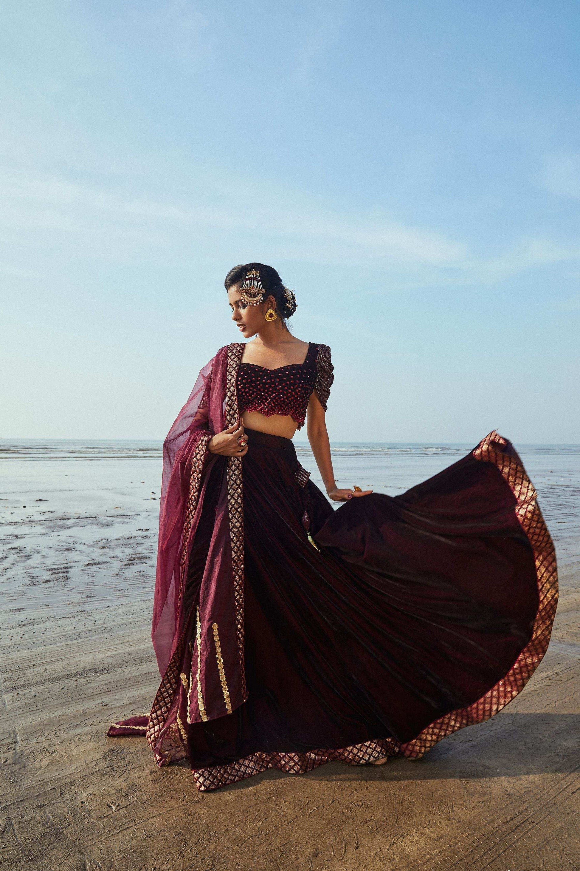 Victoria Blouse, Lehenga & Dupatta- Wine - Monk & Mei