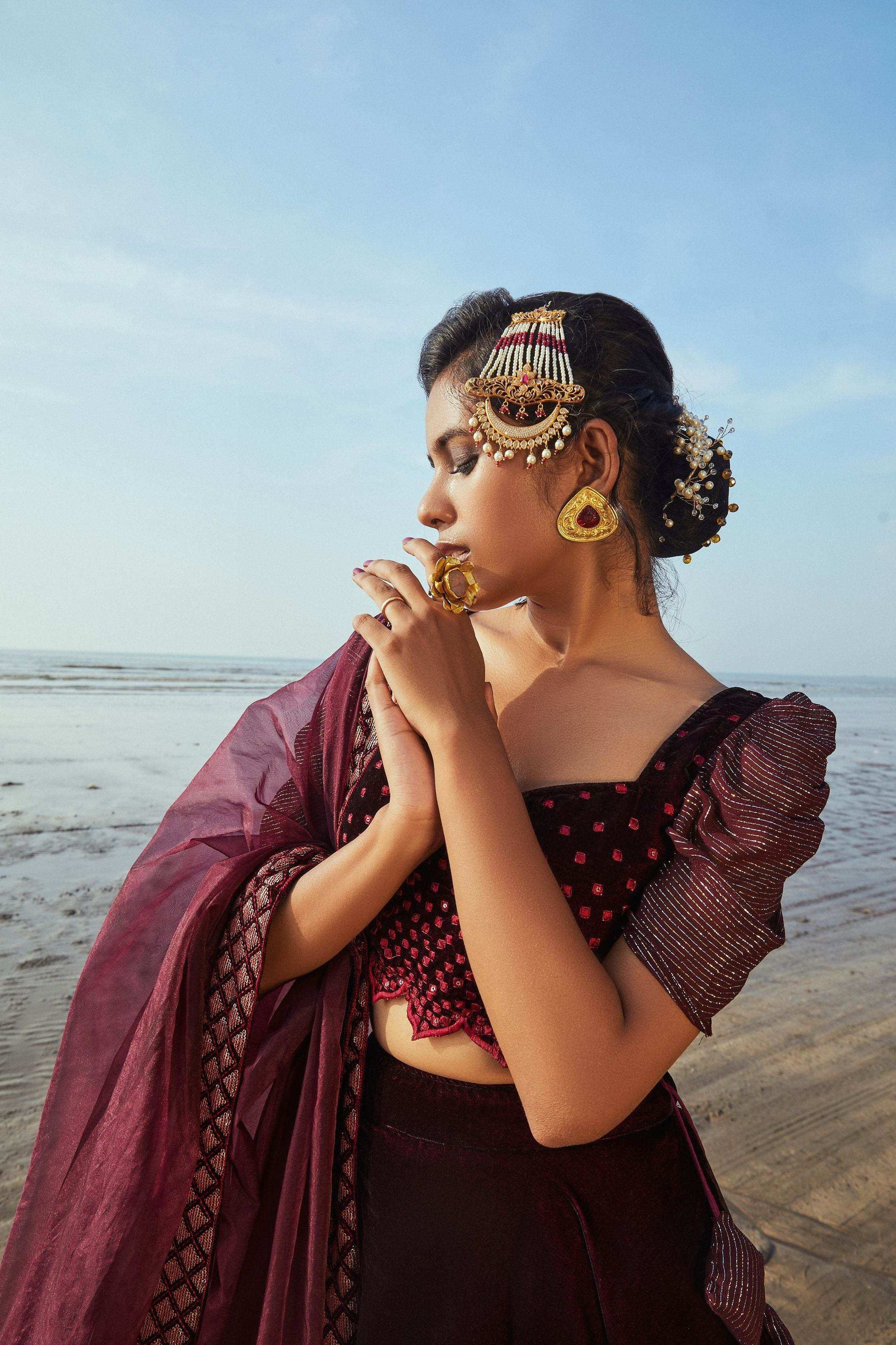 Victoria Blouse, Lehenga & Dupatta- Wine - Monk & Mei