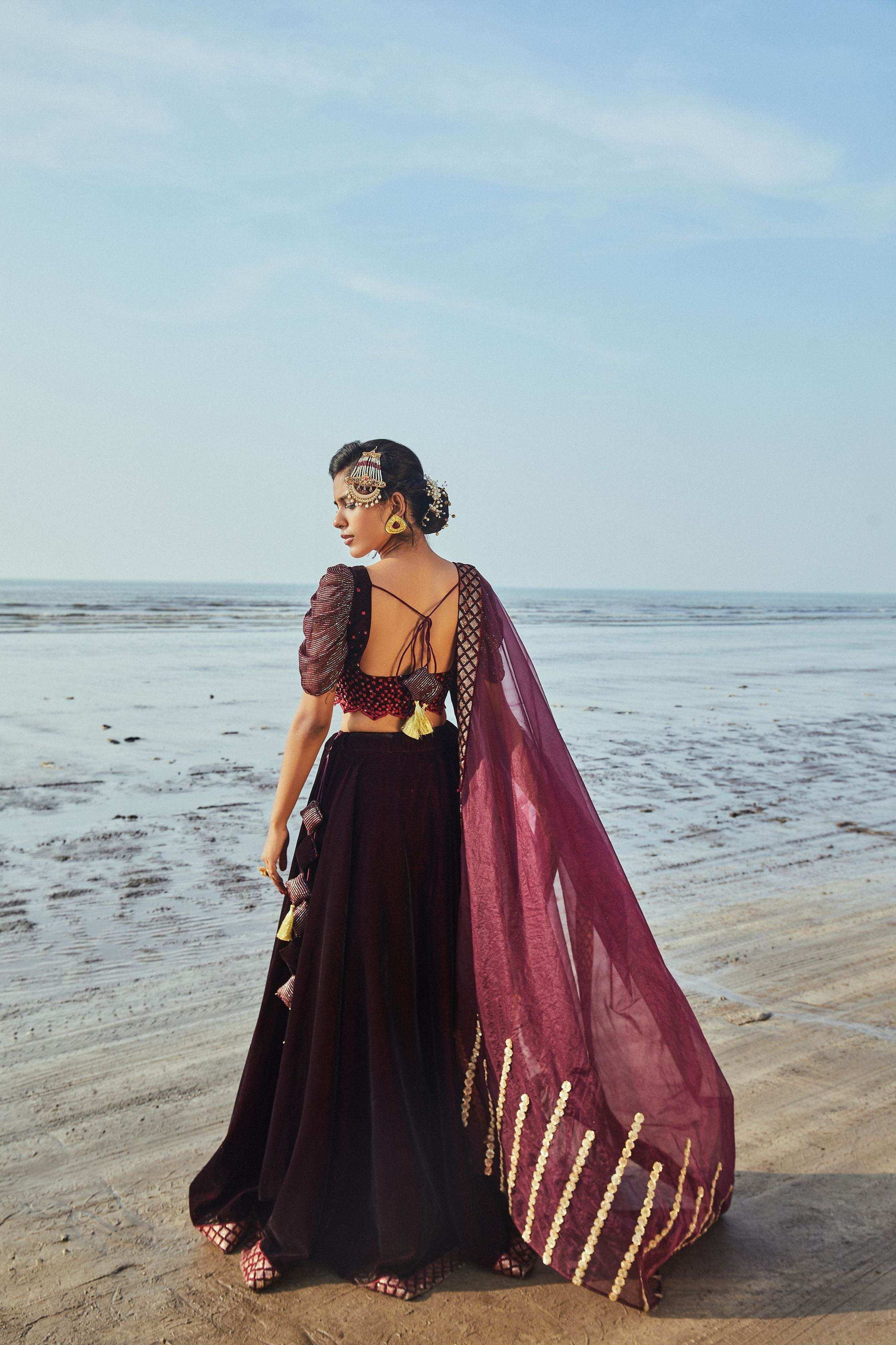 Victoria Blouse, Lehenga & Dupatta- Wine - Monk & Mei