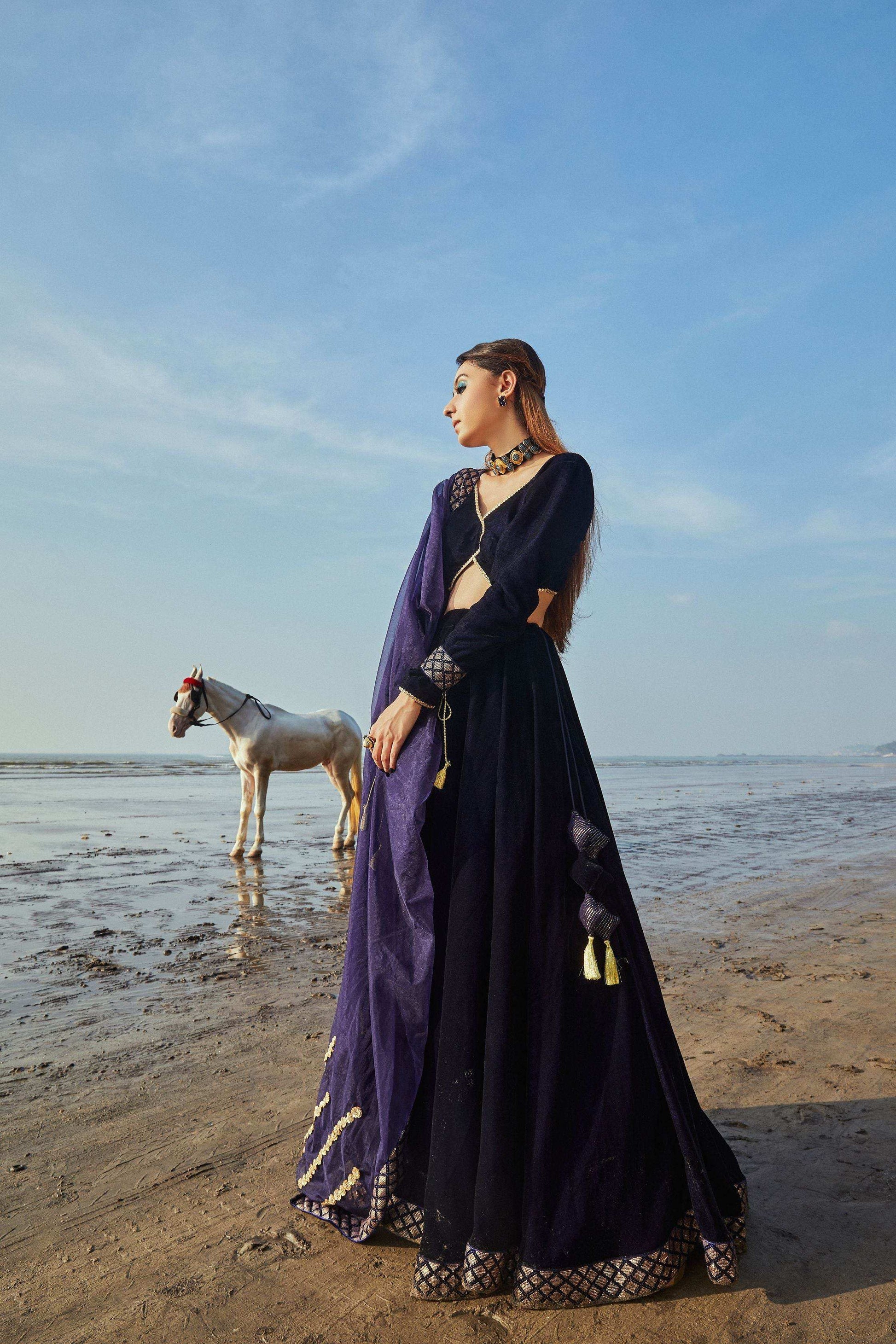 Vanessa Blouse, Lehenga & Dupatta- Blue - Monk & Mei