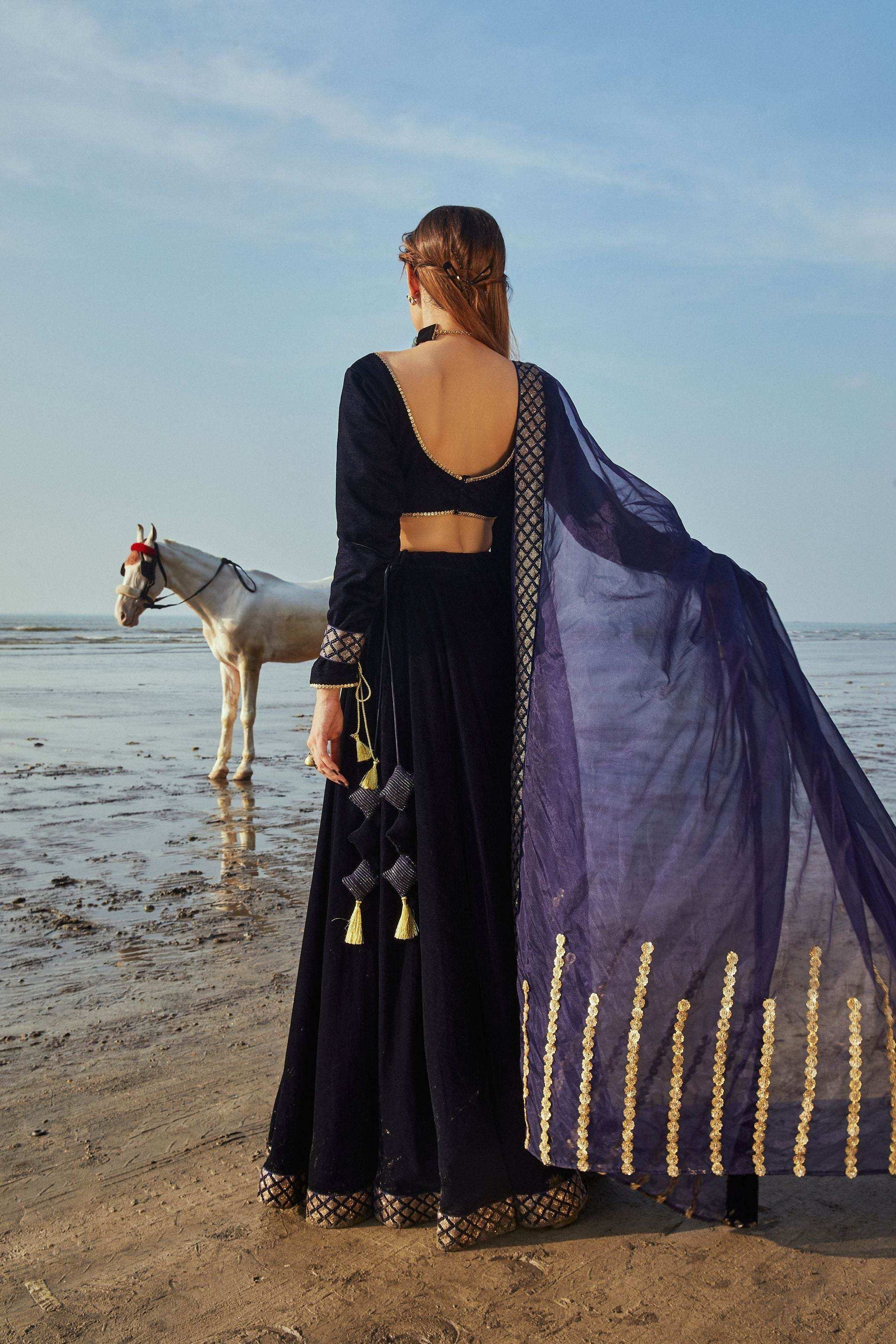 Vanessa Blouse, Lehenga & Dupatta- Blue - Monk & Mei