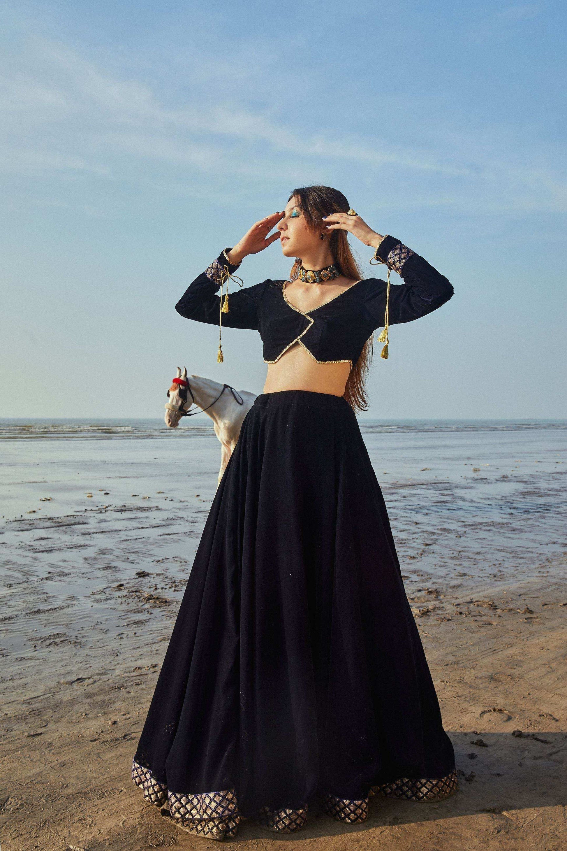 Vanessa Blouse, Lehenga & Dupatta- Blue - Monk & Mei