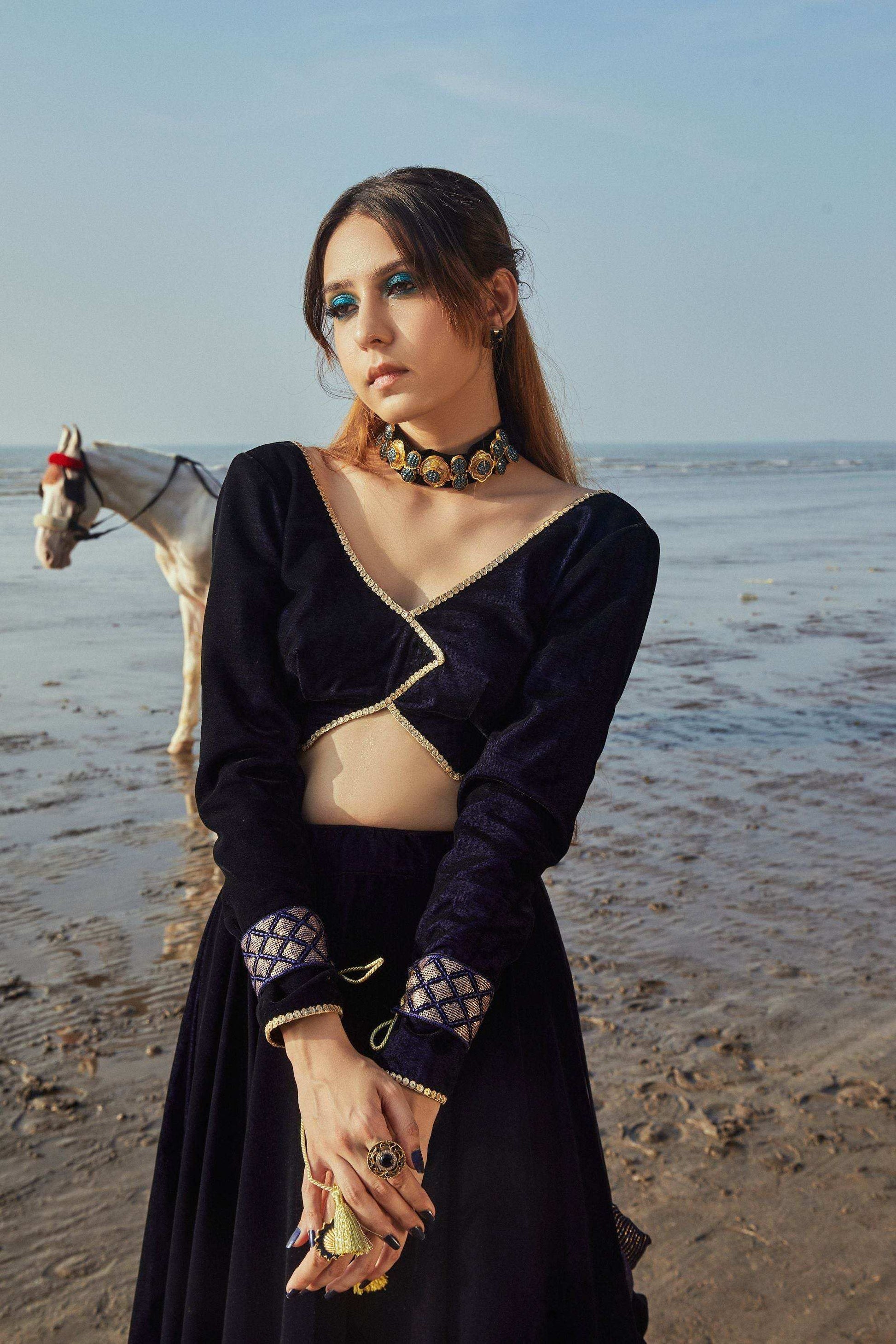 Vanessa Blouse, Lehenga & Dupatta- Blue - Monk & Mei