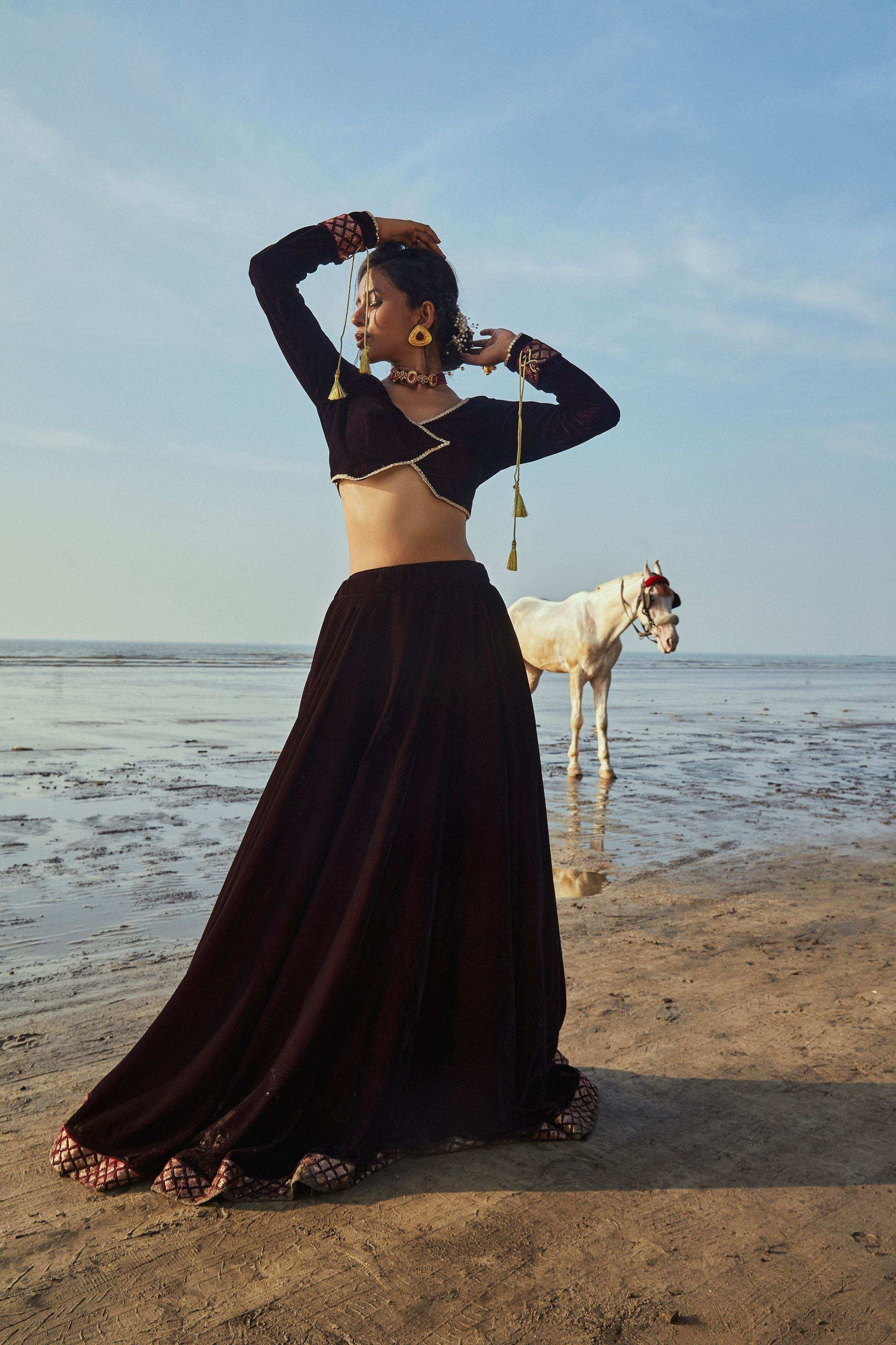 Vanessa Blouse, Lehenga & Dupatta- Wine - Monk & Mei