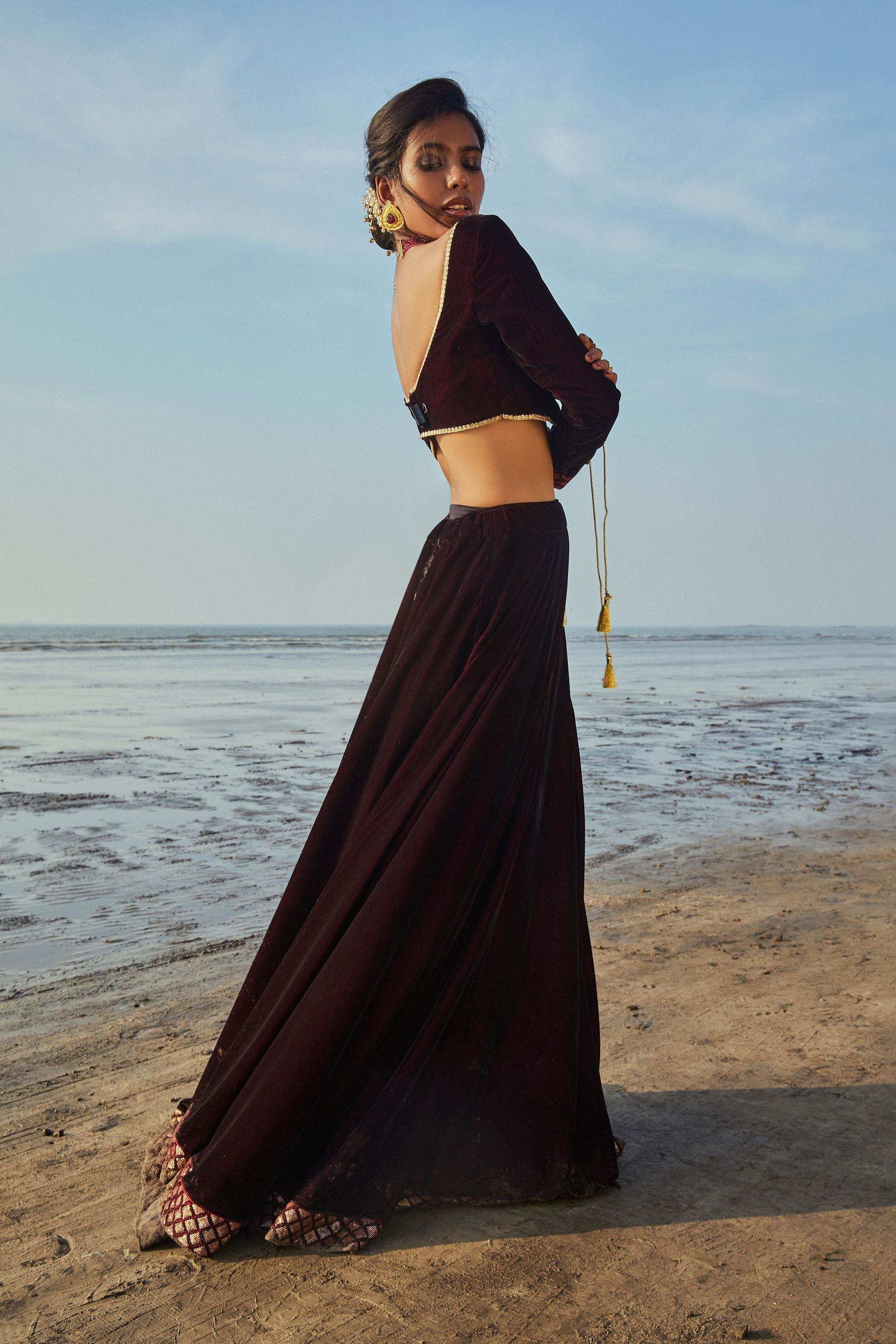 Vanessa Blouse, Lehenga & Dupatta- Wine - Monk & Mei