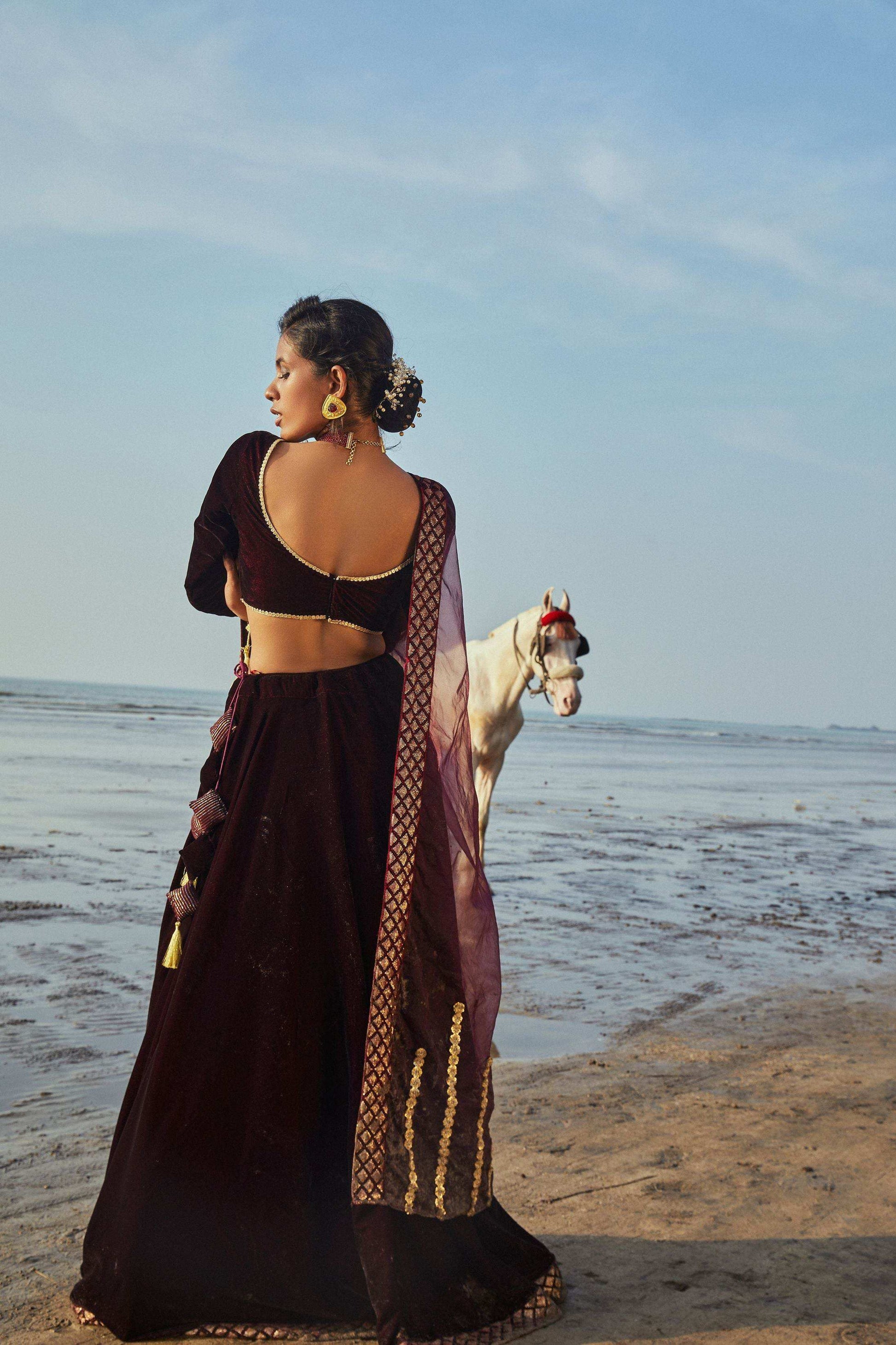 Vanessa Blouse, Lehenga & Dupatta- Wine - Monk & Mei