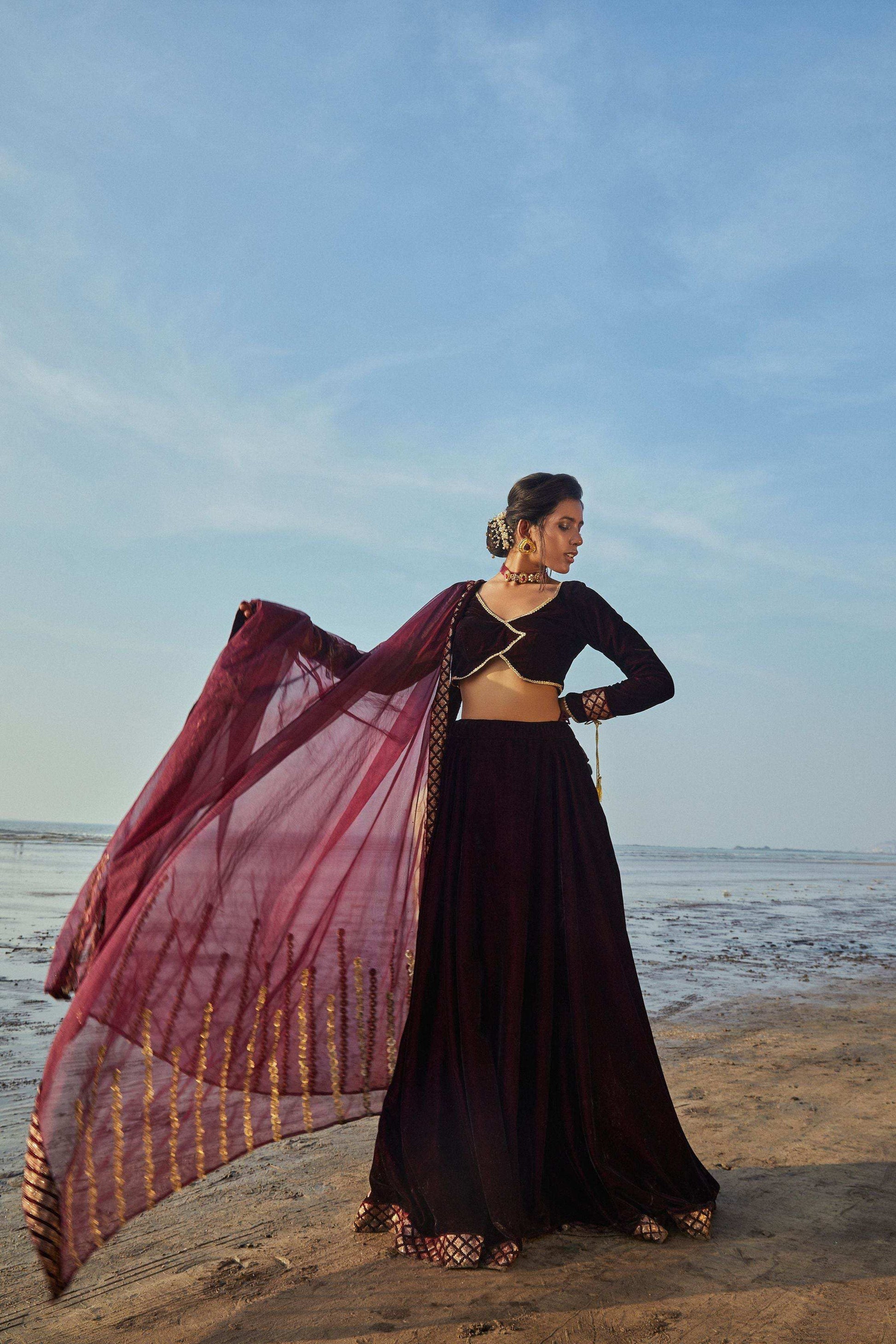 Vanessa Blouse, Lehenga & Dupatta- Wine - Monk & Mei