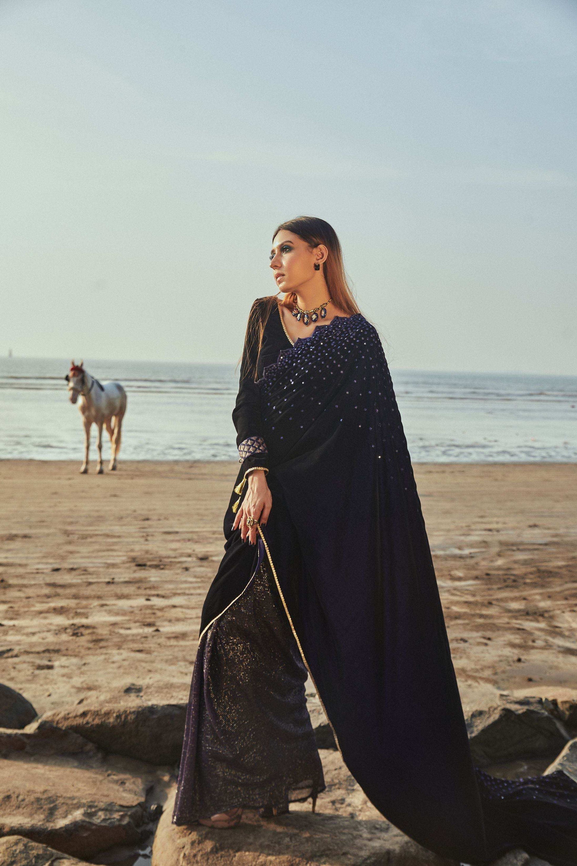 Jane Saree & Blouse- Blue - Monk & Mei