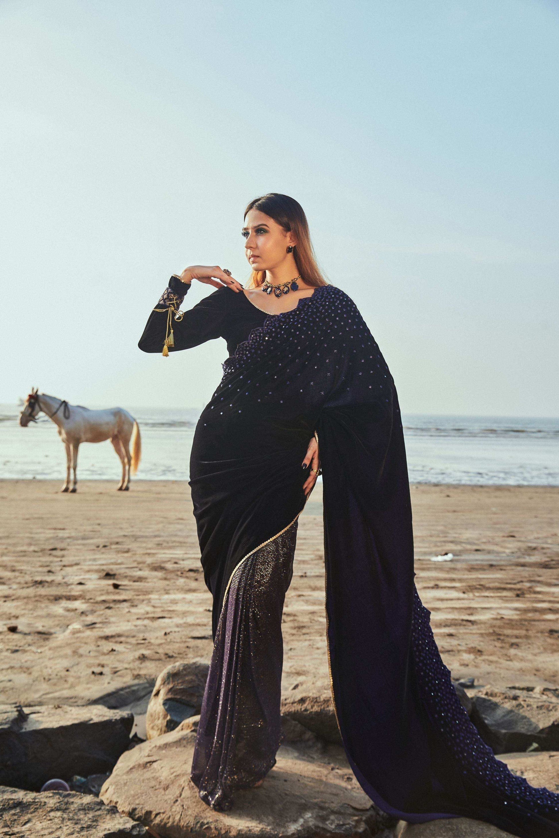 Jane Saree & Blouse- Blue - Monk & Mei