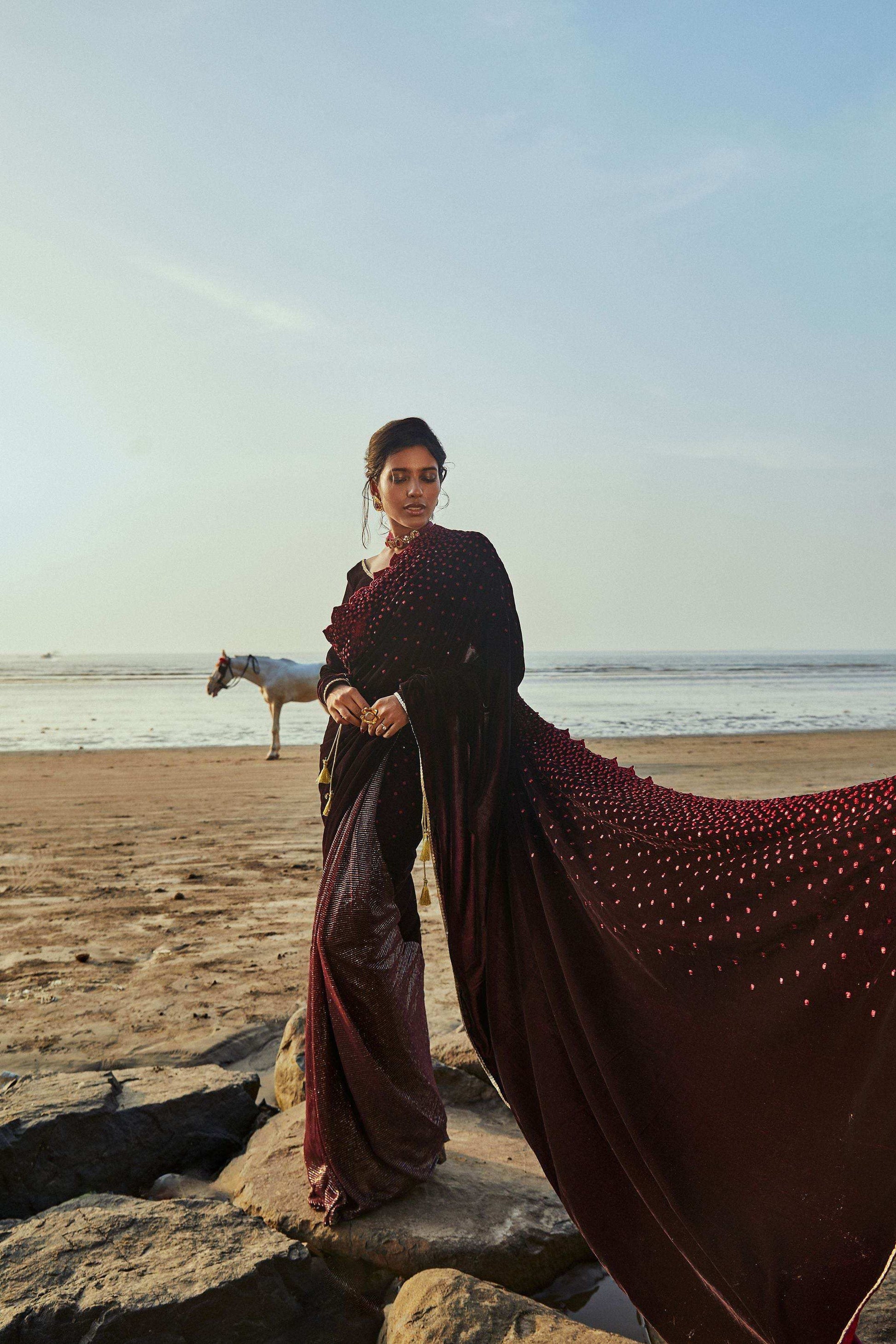 Jane Saree & Blouse- Wine - Monk & Mei