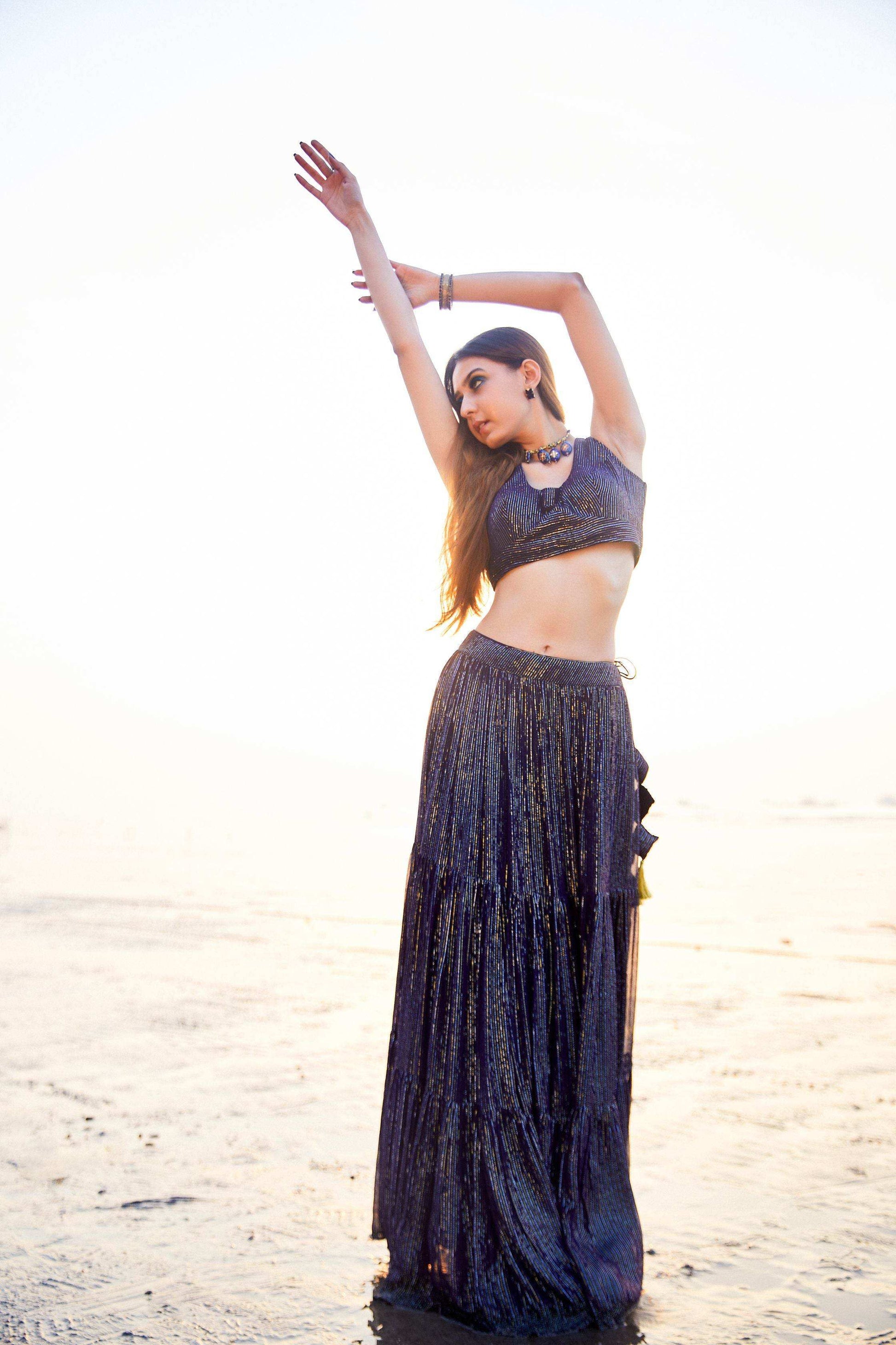 Melania Lehenga, blouse and dupatta- Blue - Monk & Mei