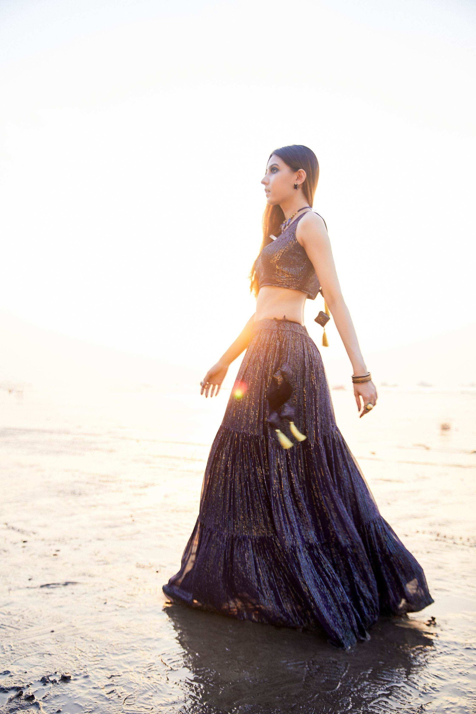 Melania Lehenga, blouse and dupatta- Blue - Monk & Mei