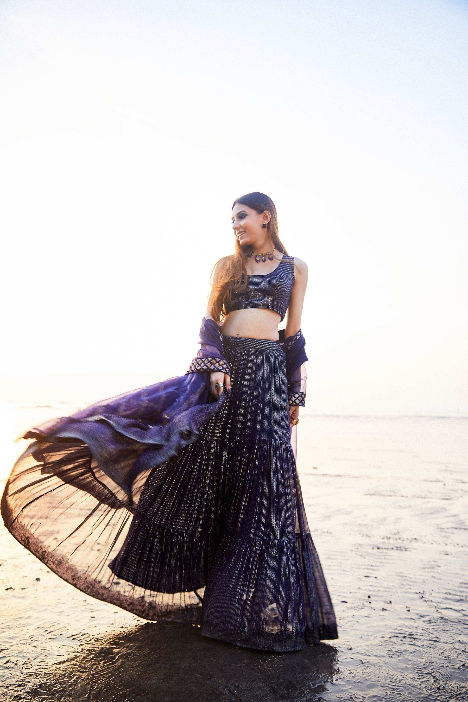 Melania Lehenga, blouse and dupatta- Blue - Monk & Mei