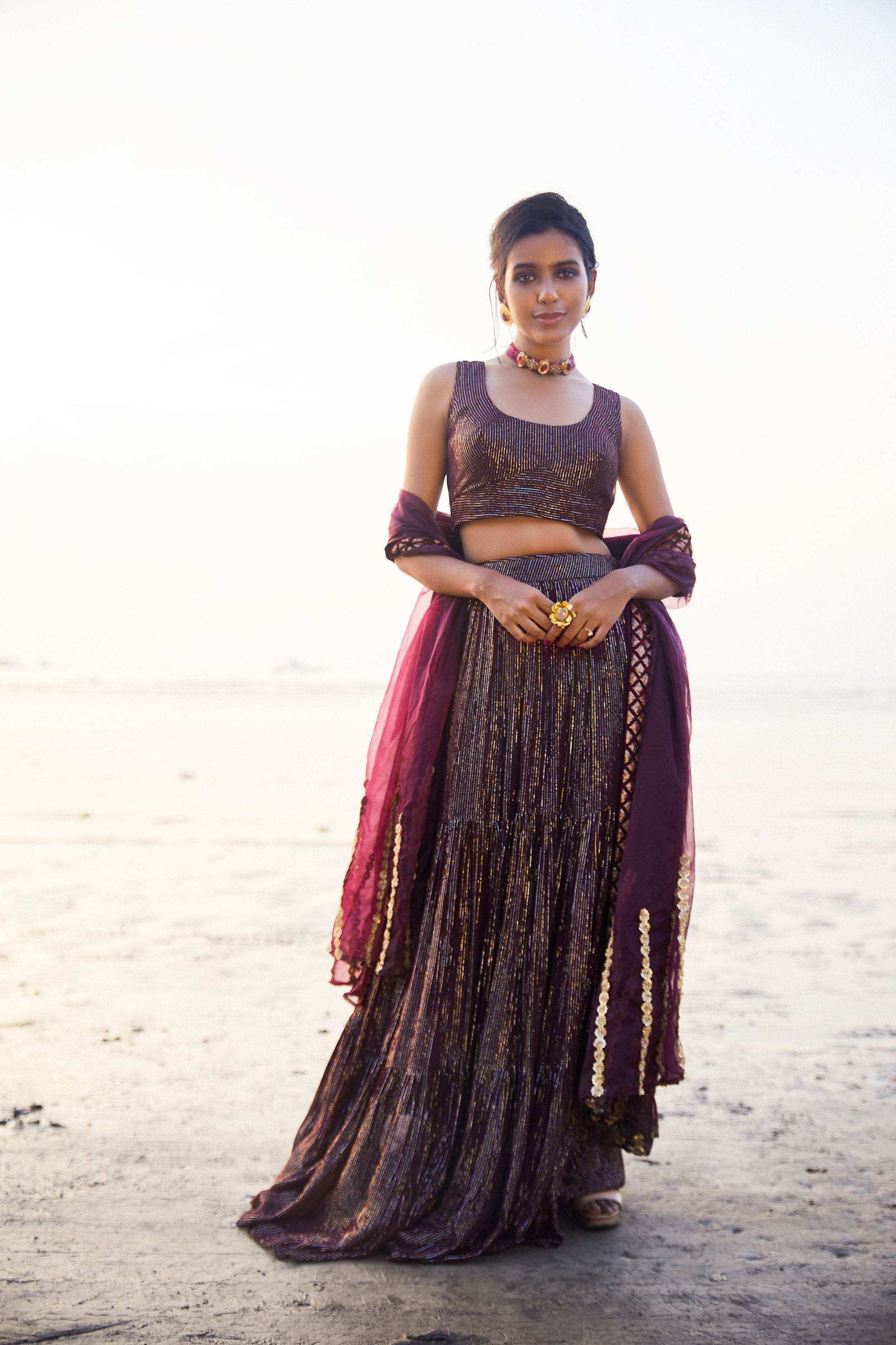 Melania Lehenga, blouse and dupatta- Wine - Monk & Mei