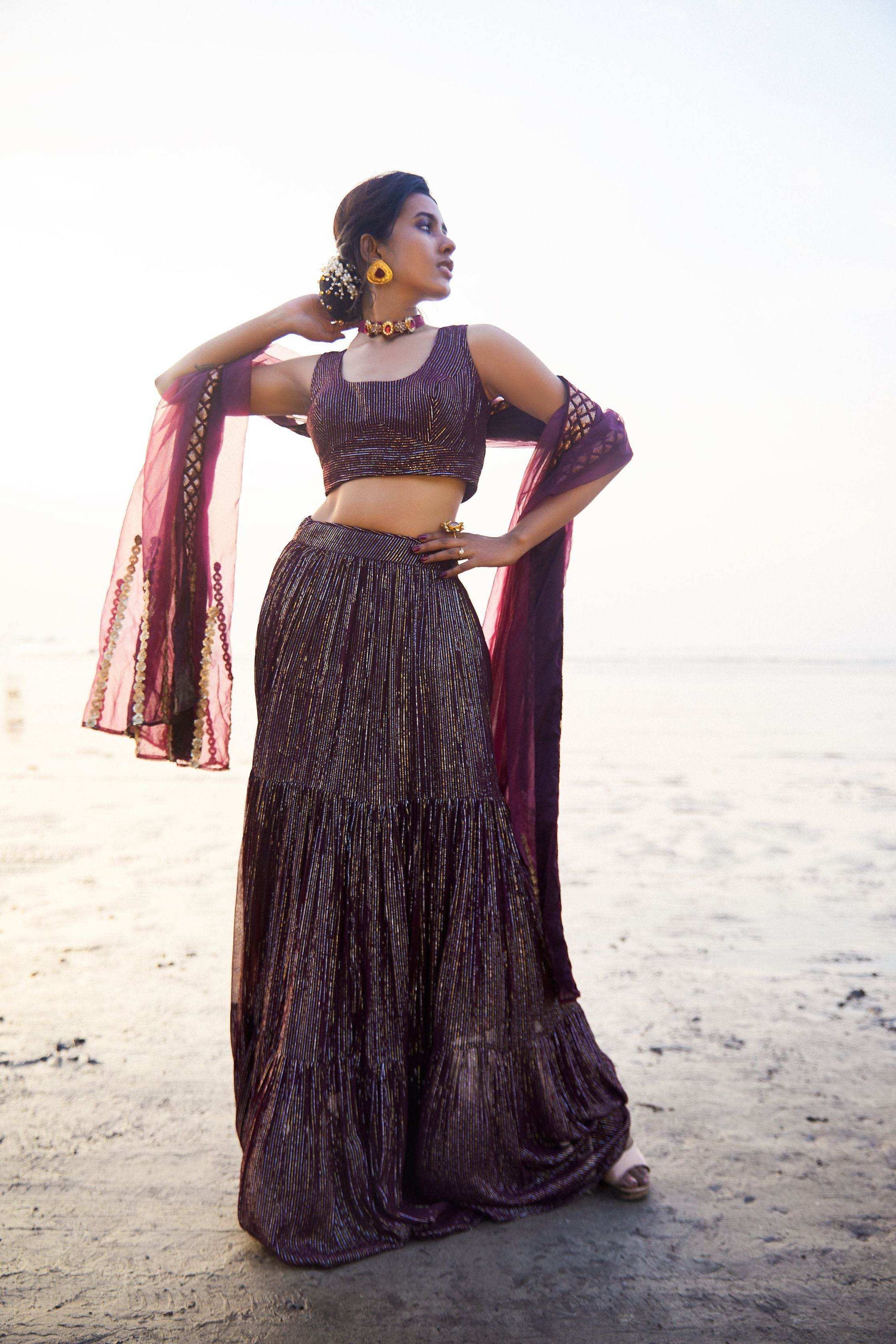 Melania Lehenga, blouse and dupatta- Wine - Monk & Mei