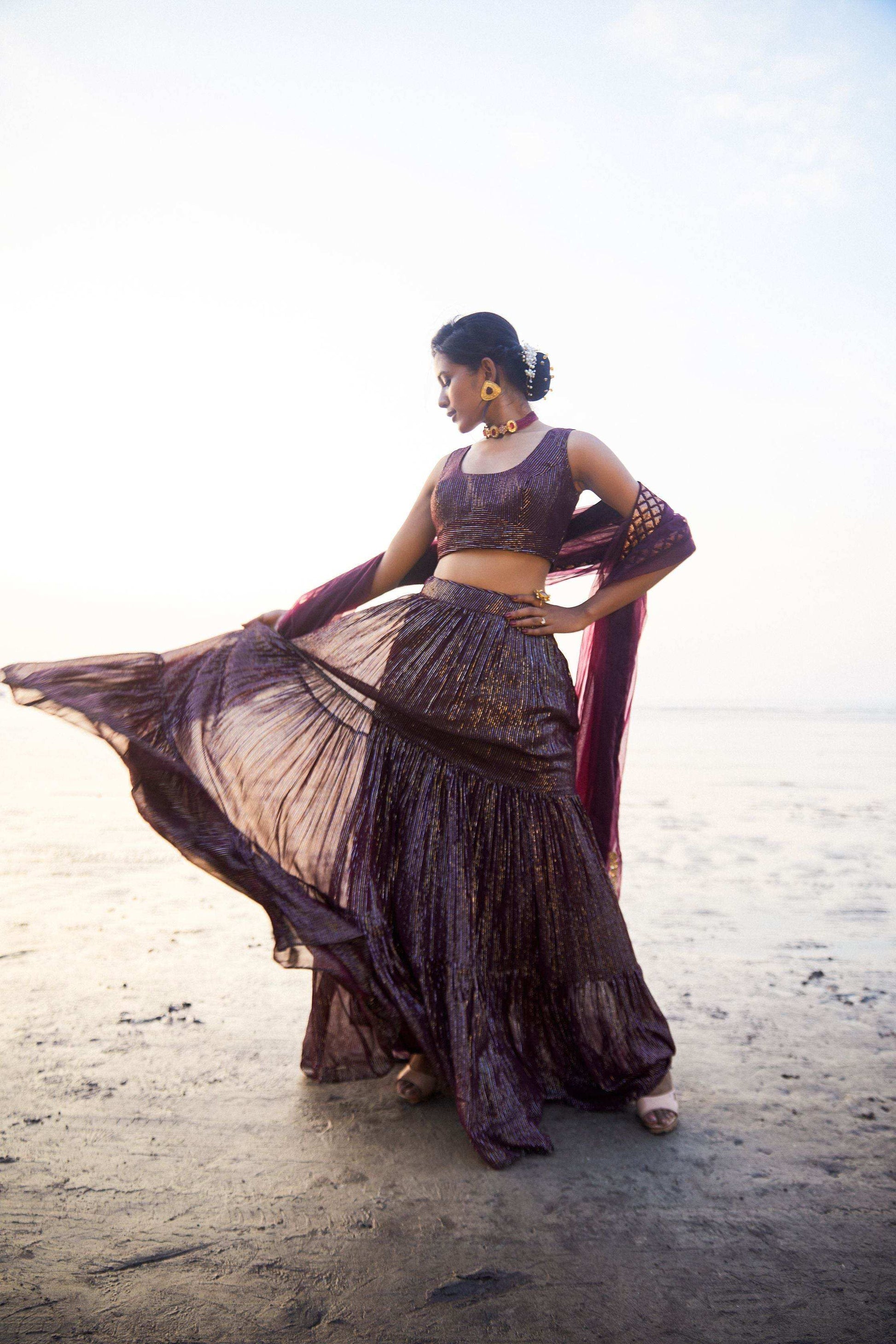 Melania Lehenga, blouse and dupatta- Wine - Monk & Mei