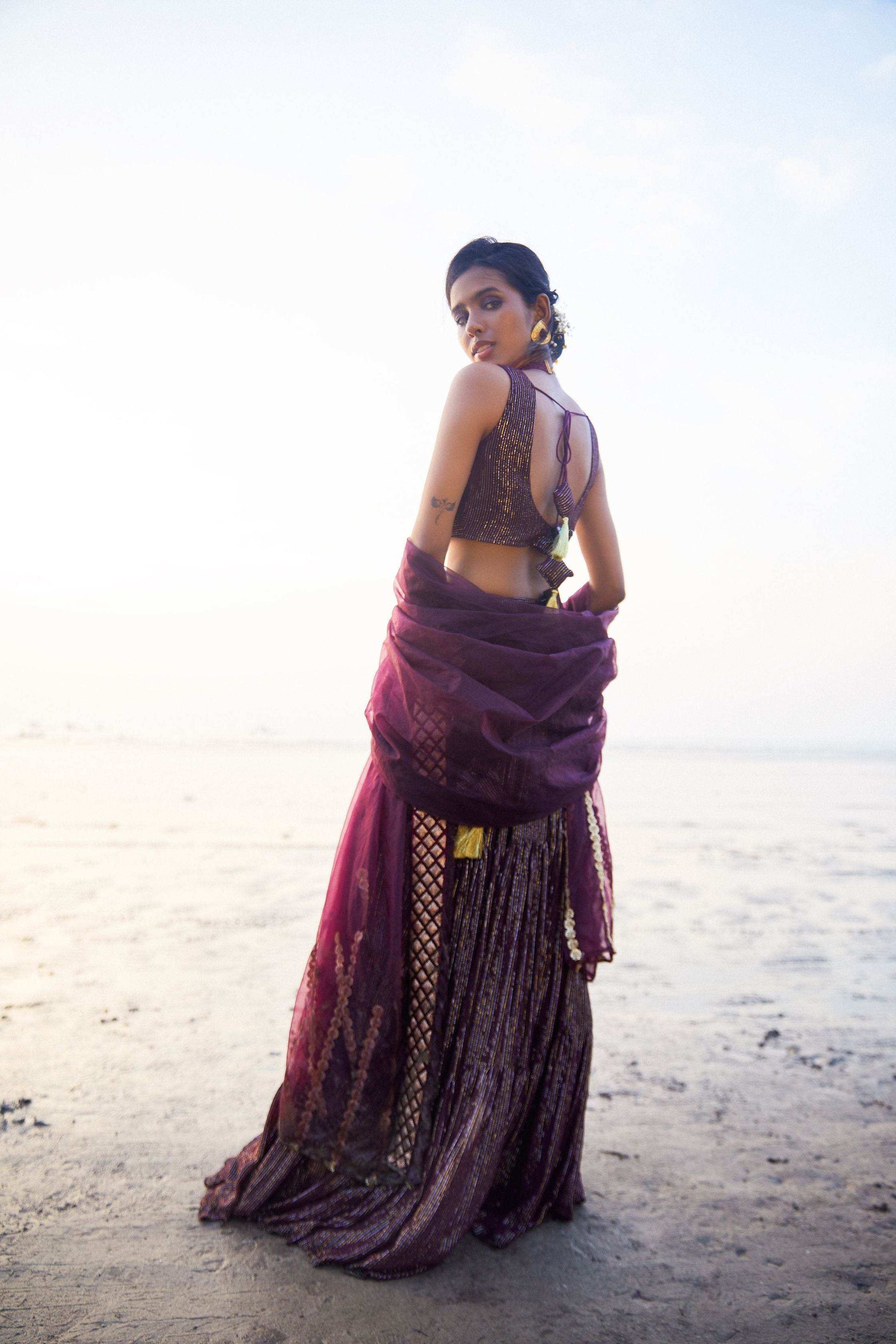 Melania Lehenga, blouse and dupatta- Wine - Monk & Mei