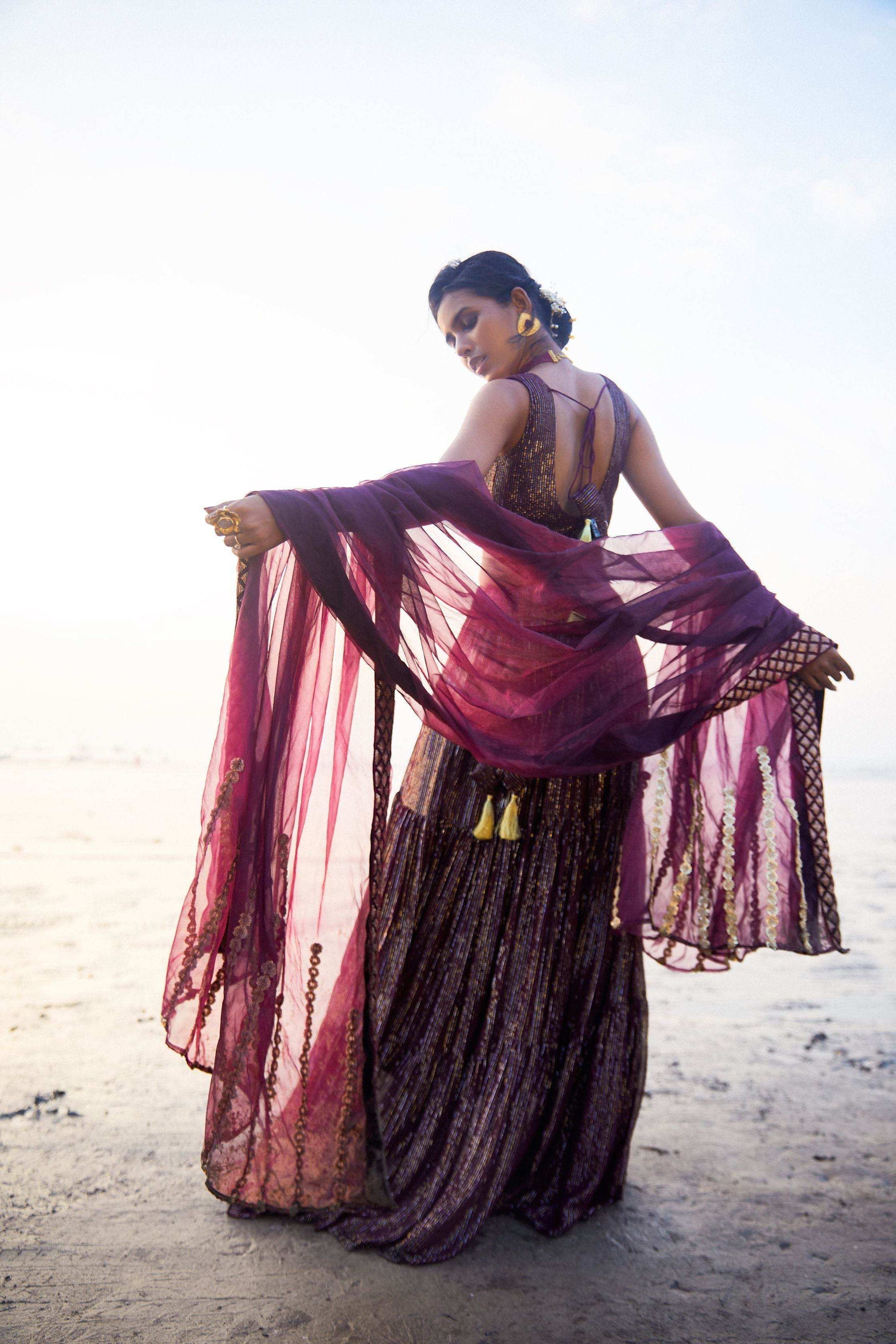 Melania Lehenga, blouse and dupatta- Wine - Monk & Mei