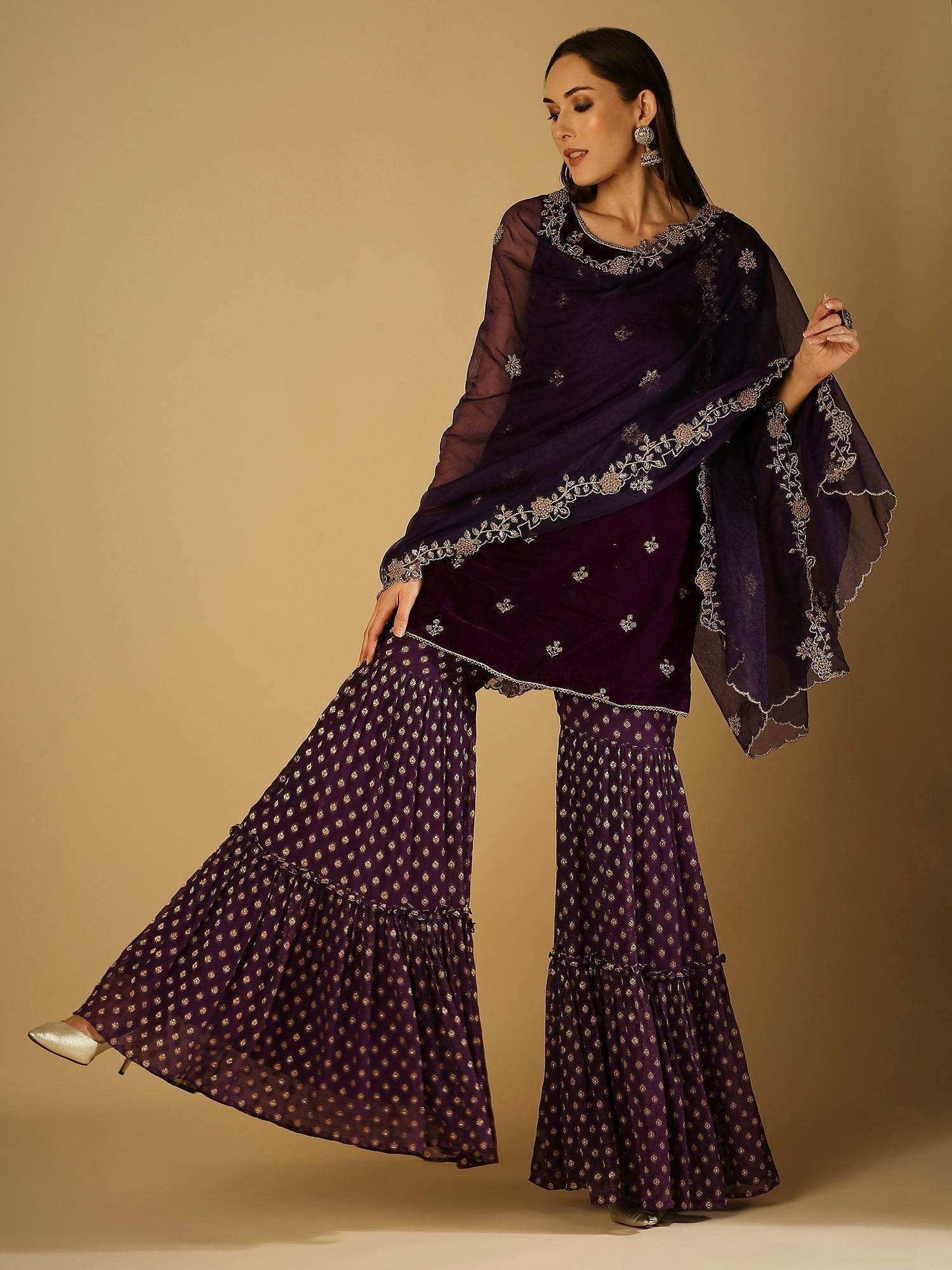 Cyra-Short kurta & sharara with dupatta - Purple - Monk & Mei