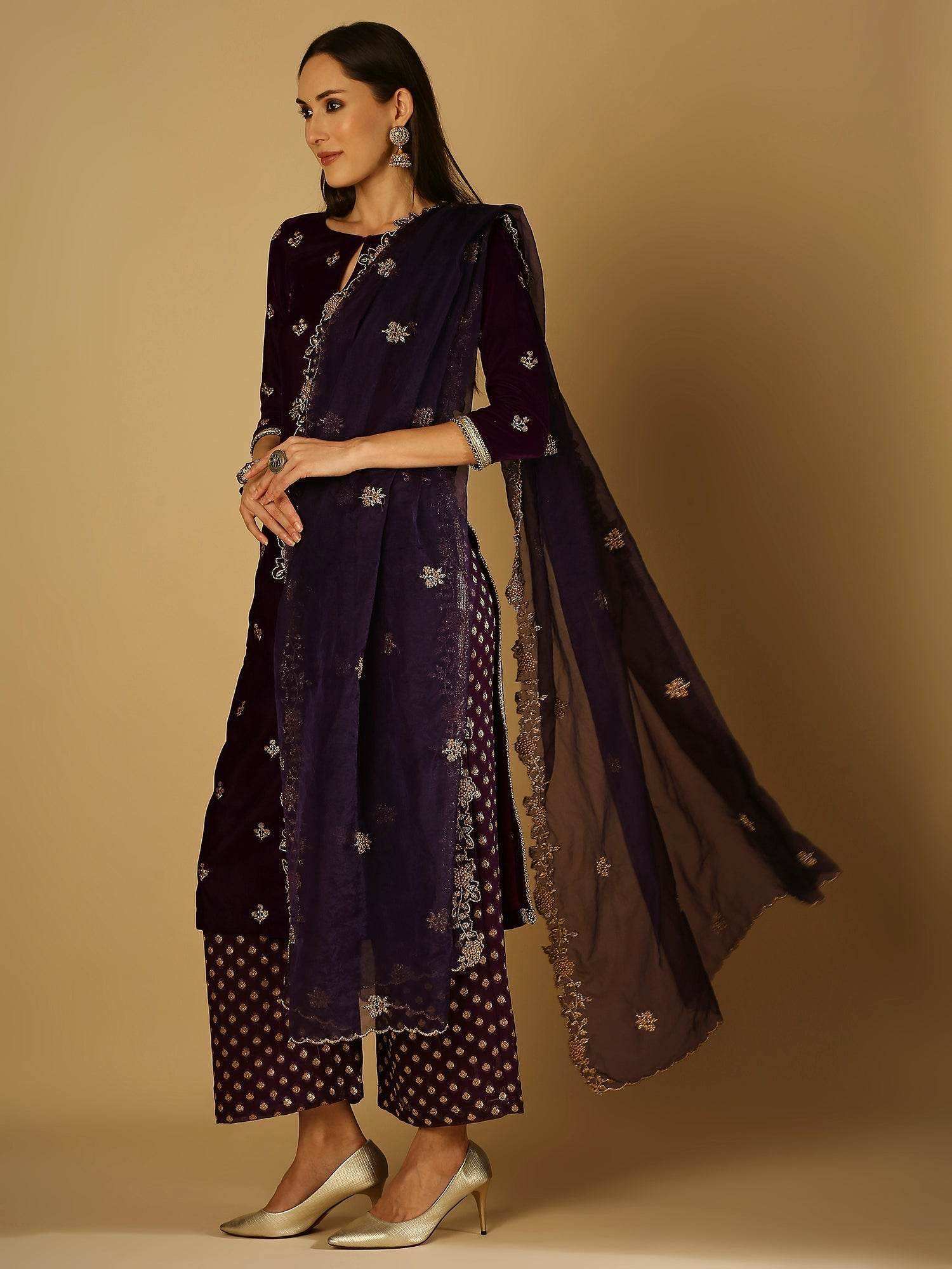 Ruhani-Kurta Palazzo Set with dupatta - Violet - Monk & Mei