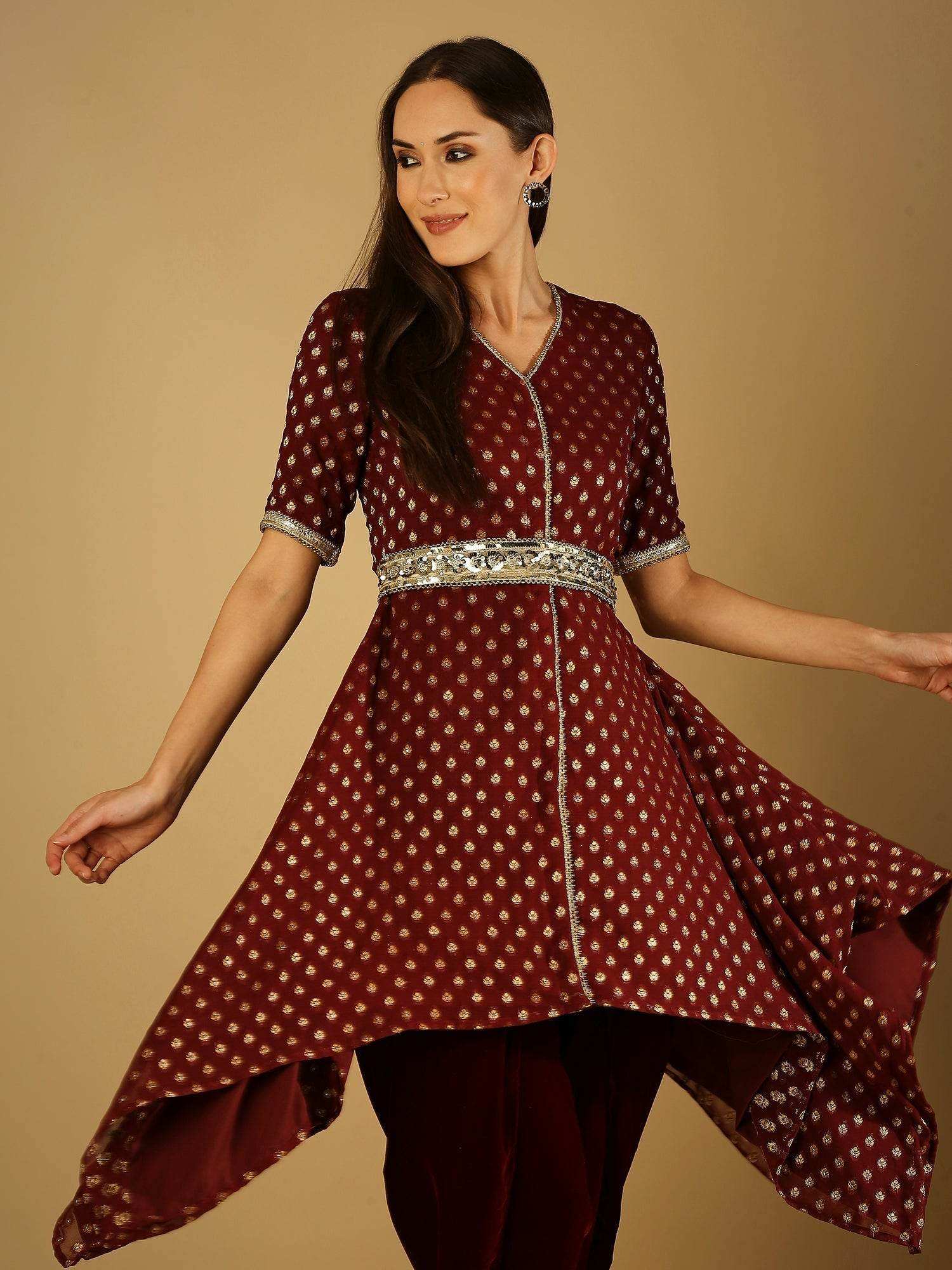 Tamanna-Kurta dhoti Set with Belt - Maroon - Monk & Mei