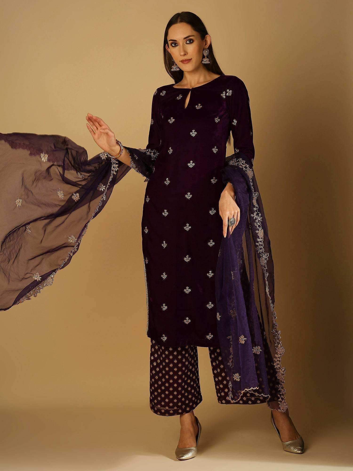 Ruhani-Kurta Palazzo Set with dupatta - Violet - Monk & Mei
