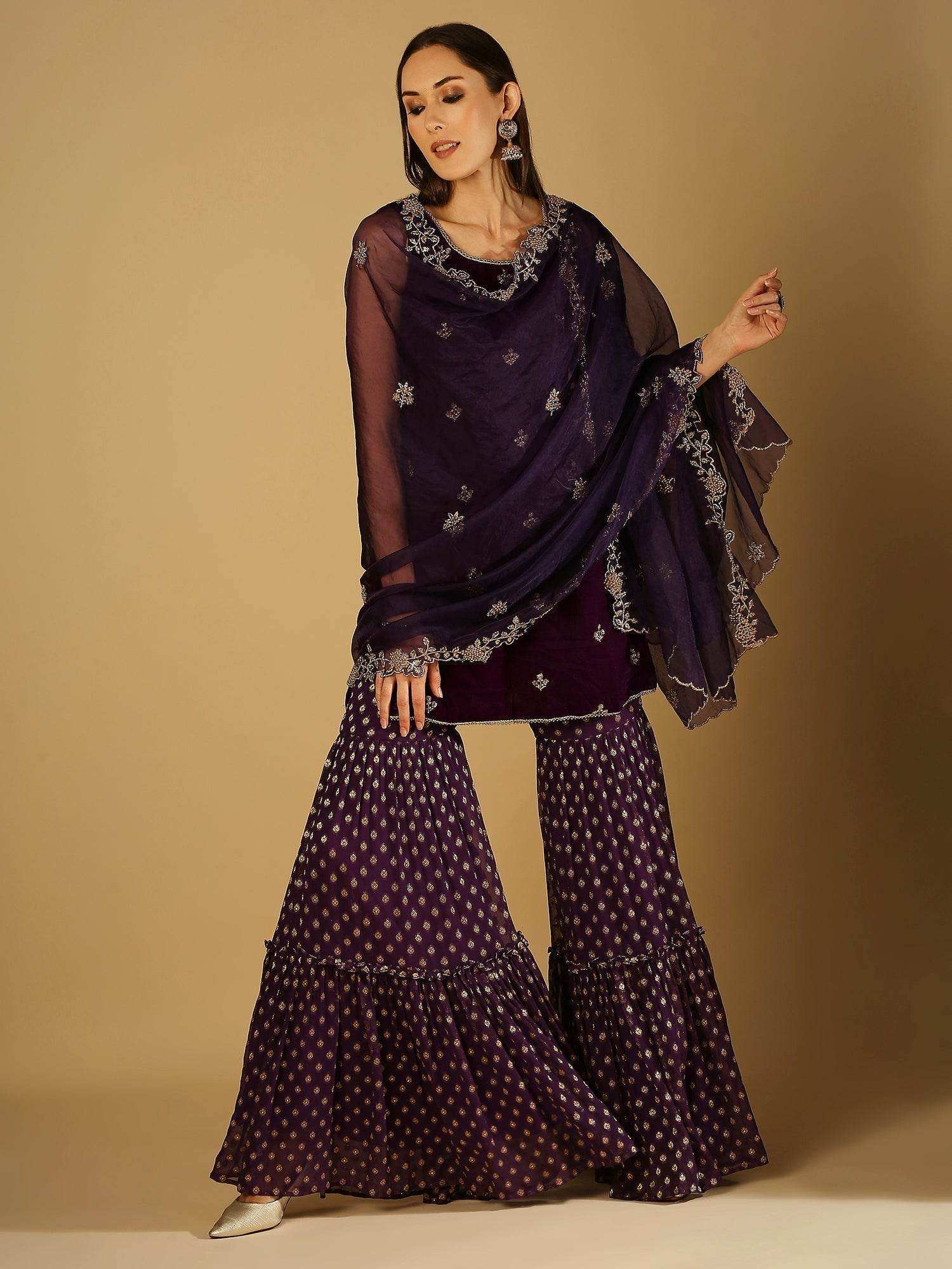 Cyra-Short kurta & sharara with dupatta - Purple - Monk & Mei