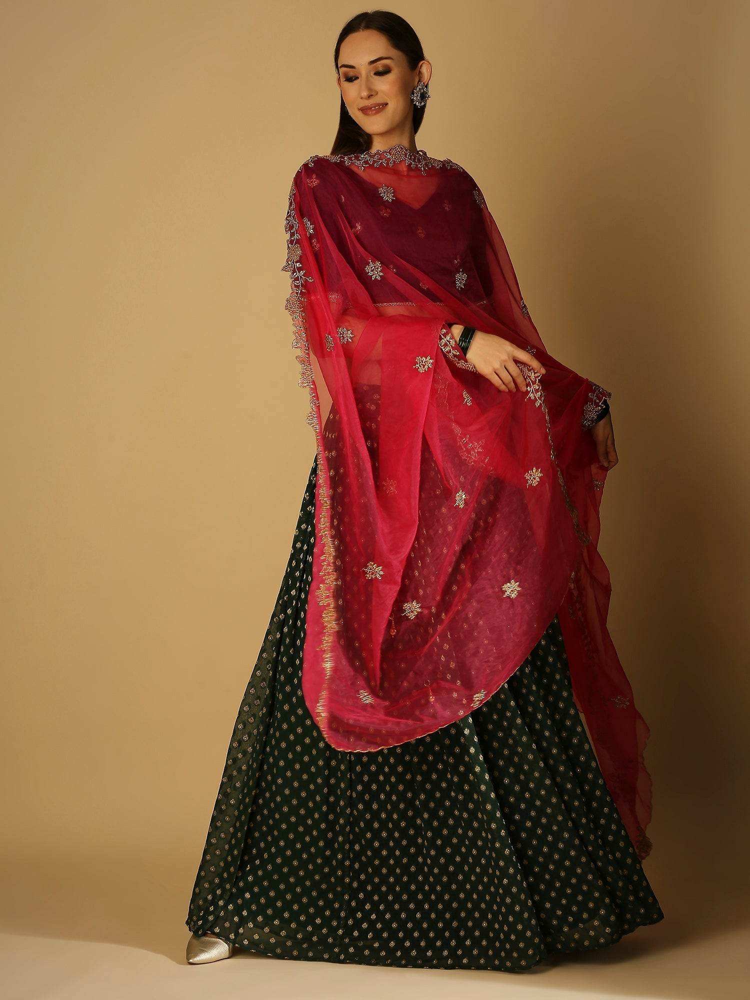 Roza-Lehenga Blouse Dupatta Set - Voilet blouse- Green lehanga - Monk & Mei