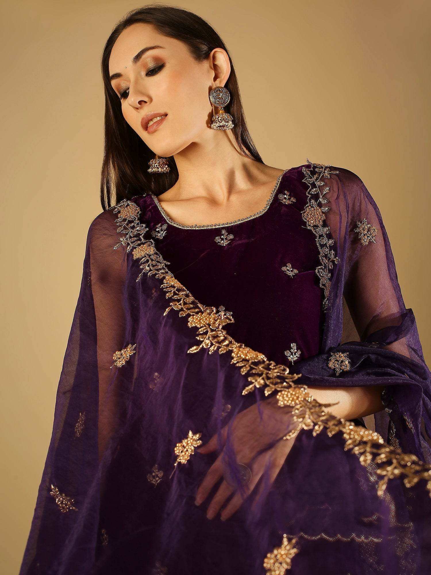 Cyra-Short kurta & sharara with dupatta - Purple - Monk & Mei
